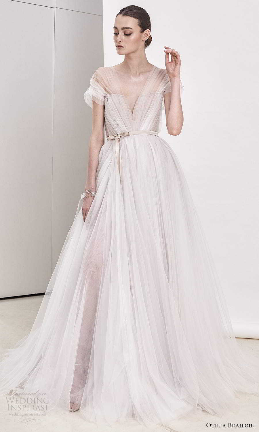 otilia brailoiu spring 2020 bridal short sleeve v neckline ruched bodice a line ball gown wedding dress chapel train blush (16) mv