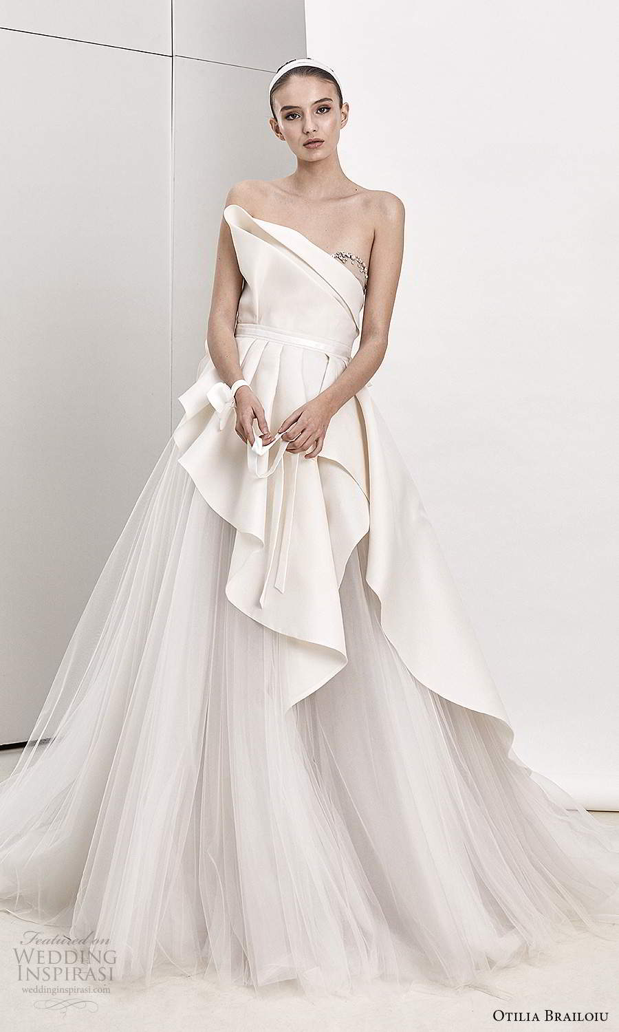 otilia brailoiu spring 2020 bridal strapless asymmetric neckline clean modern minimalist a line ball gown wedding dress chapel train (2) mv