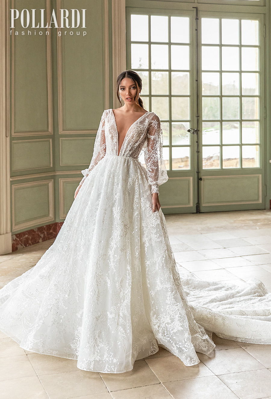 pollardi 2021 royalty bridal long bishop sleeves deep plunging v neck full embellishment romantic sexy a  line wedding dress v back chapel train (brilliance) mv