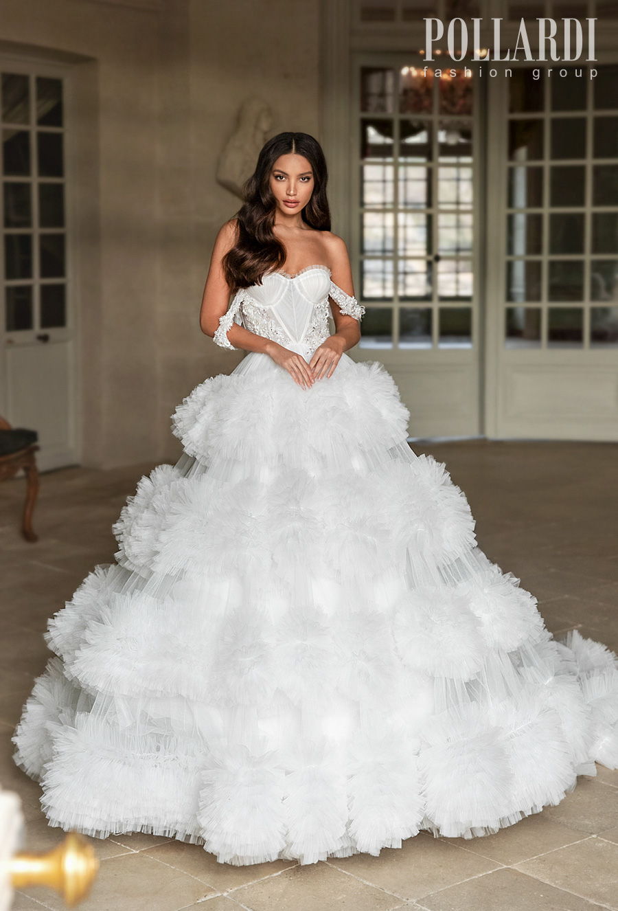 pollardi 2021 royalty bridal off the shoulder sweetheart neckline heavily embellished bodice bustier ruffled skirt princess ball gown a  line wedding dress chapel train (royalty) mv