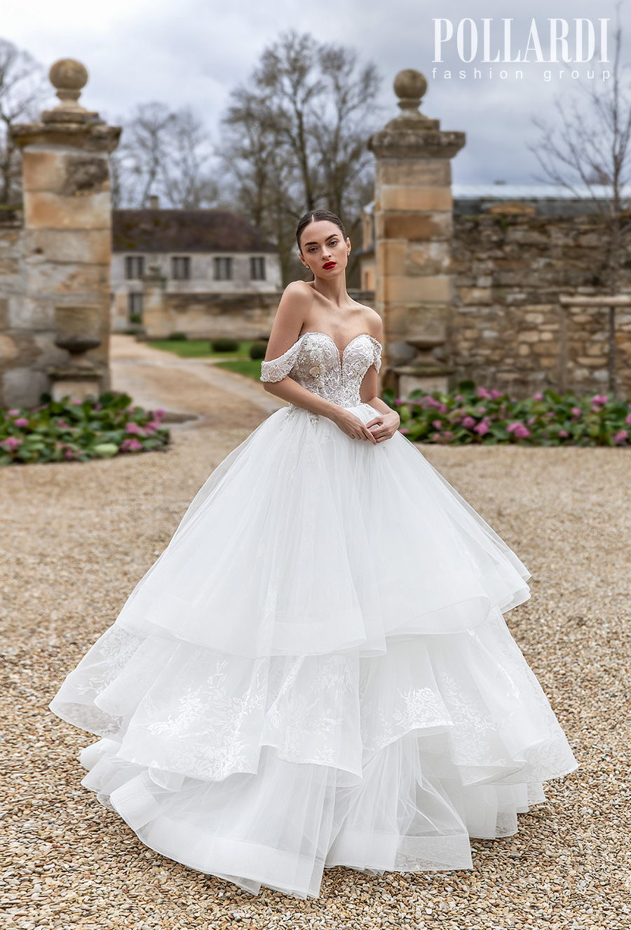 pollardi 2021 royalty bridal off the shoulder sweetheart neckline heavily embellished bodice tiered skirt romantic a  line wedding dress mid back chapel train (pomp) mv