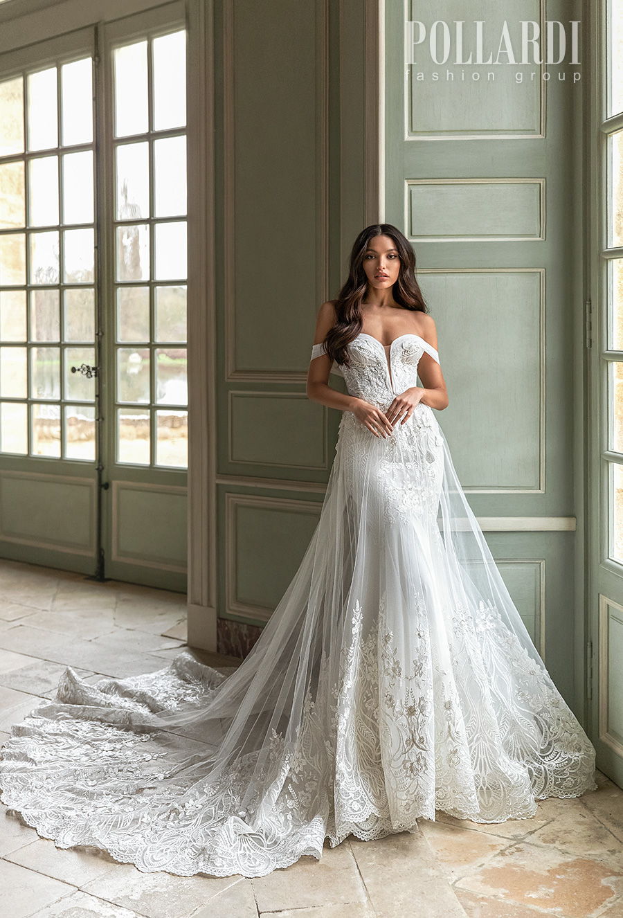 pollardi 2021 royalty bridal off the shoulder sweetheart neckline heavily embellished bodice train romantic a  line wedding dress mid back chapel train (elegance) mv