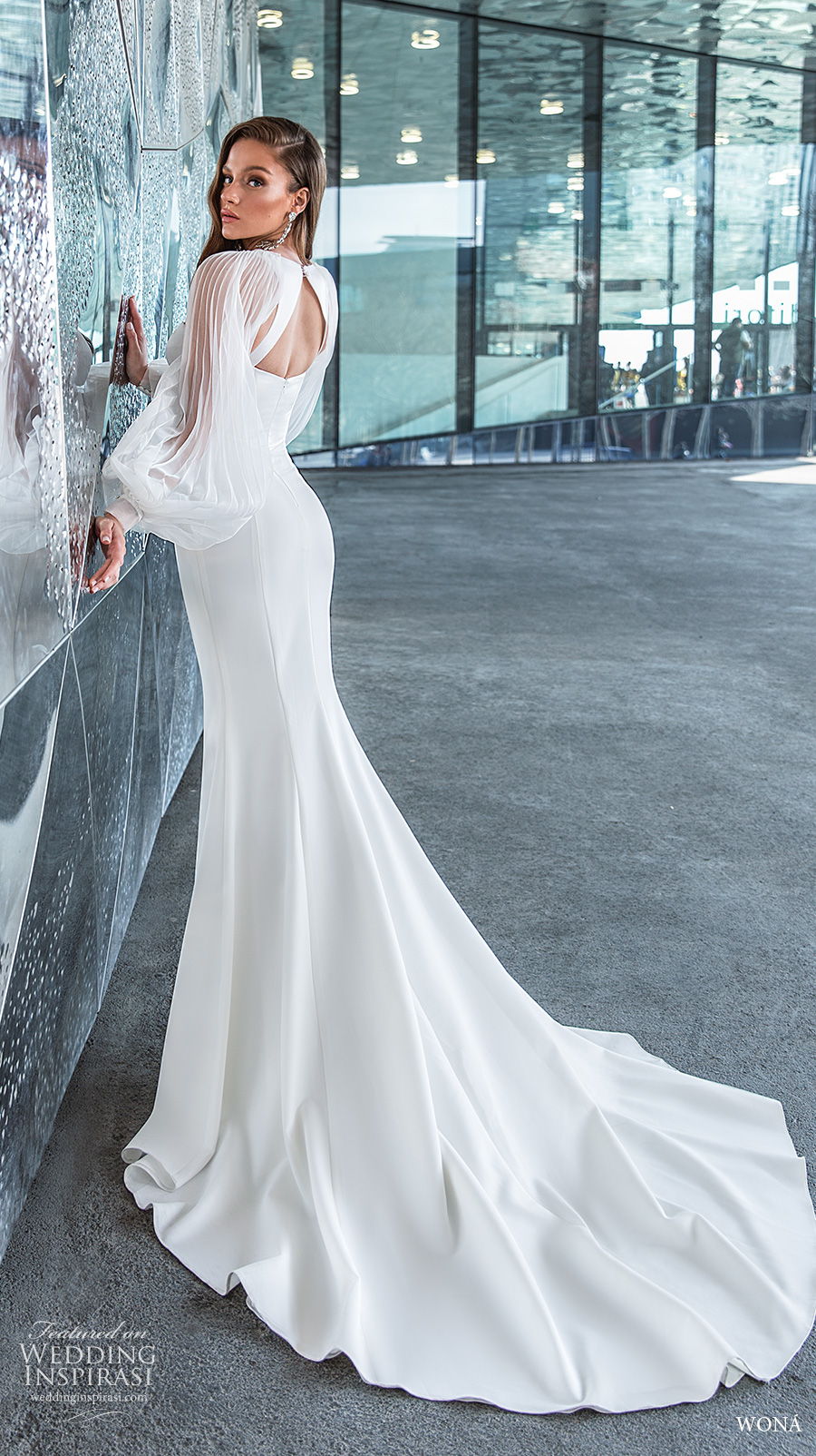 wona 2020 diva bridal long bishop sleeves sweetheart neckline simple minimalist elegant mermaid wedding dres keyhole back chapel train (15) bv