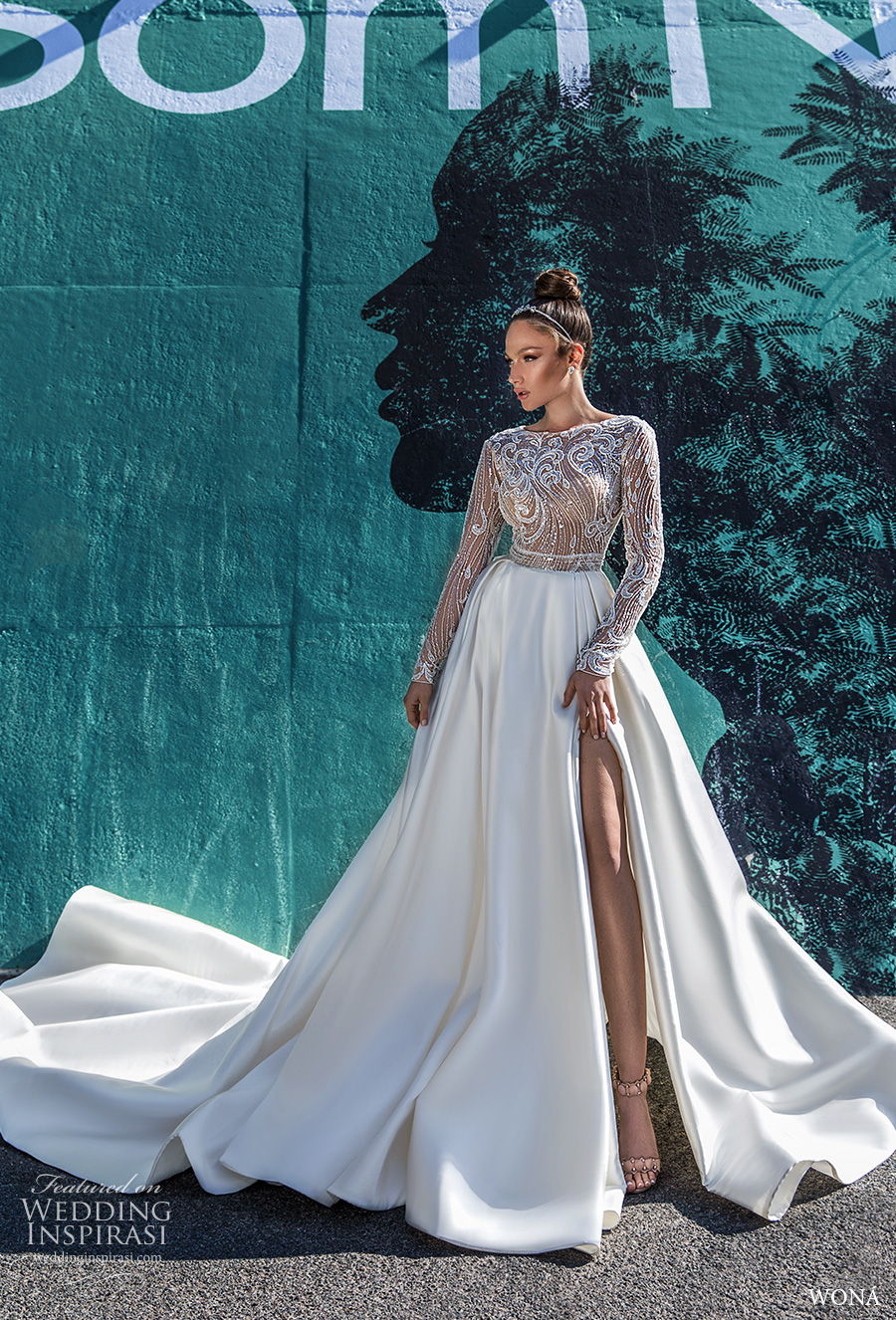 wona 2020 diva bridal long sleeves bateau neck heavily embellished bodice slit skirt a line wedding dress chapel train (9) mv wona 2020 diva bridal long sleeves bateau neck heavily embellished bodice slit skirt a line wedding dress chapel train (9) mv