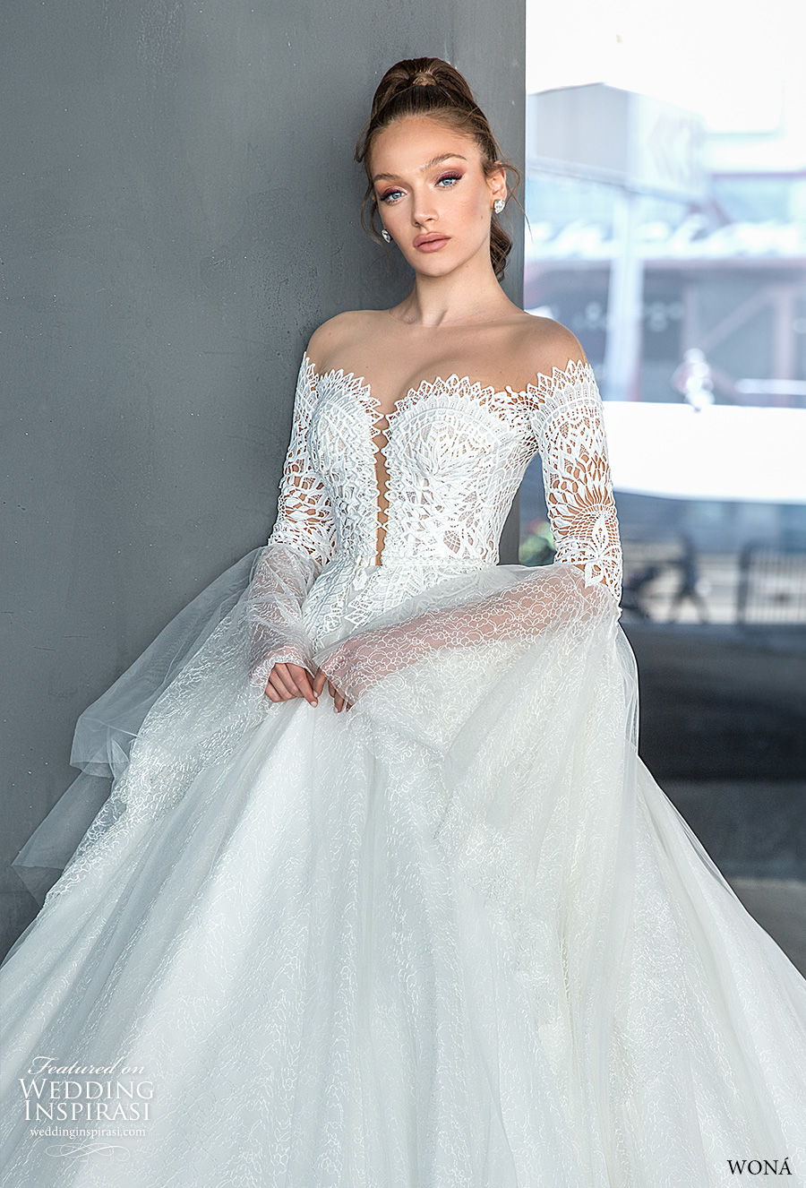 wona 2020 diva bridal off the shoulder long lantern sleeves sweetheart neckline heavily embellished bodice princess a  line mid back royal back royal train (1) zv