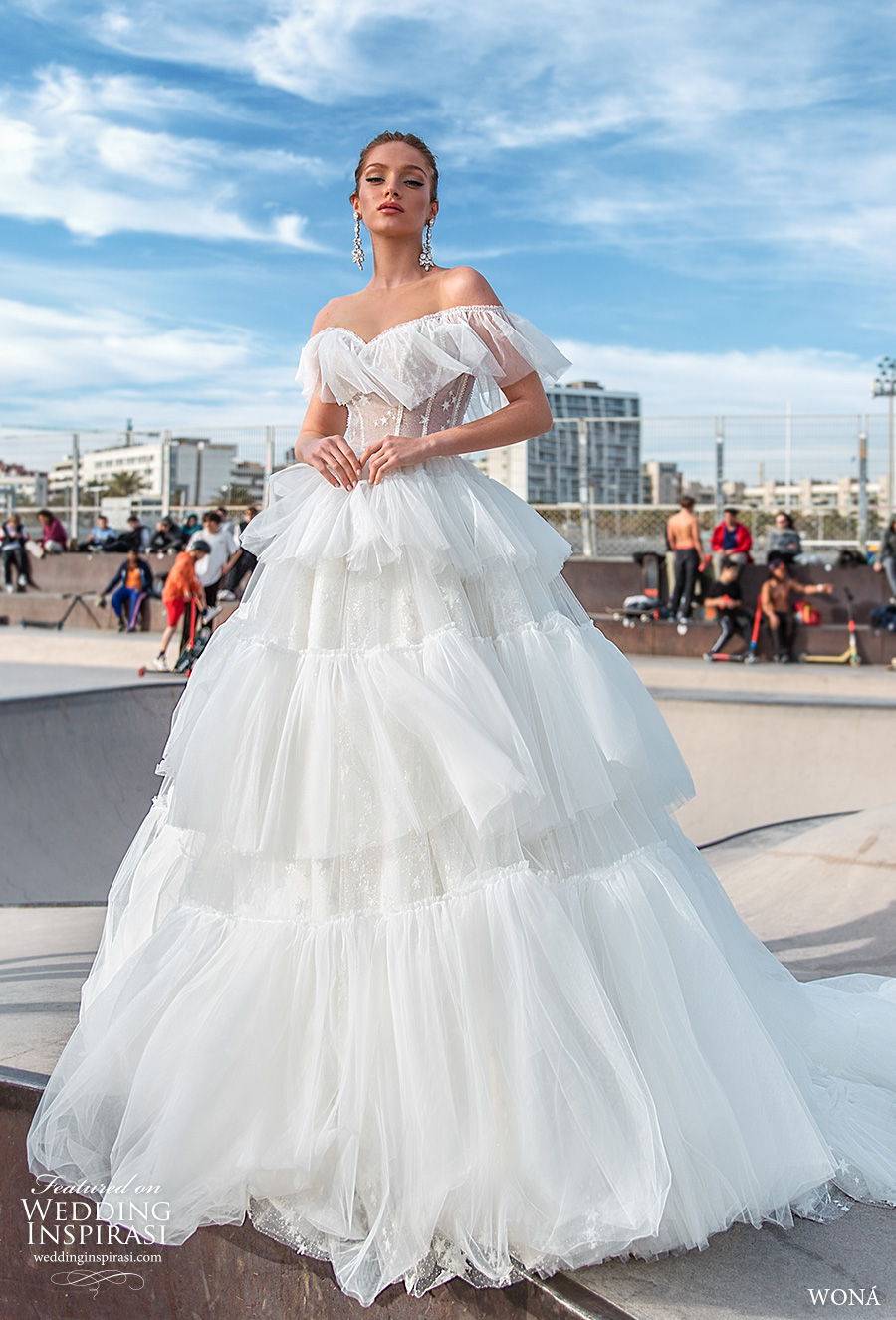 wona 2020 diva bridal off the shoulder sweetheart neckline simple tiered layered skirt romantic ball gown a line wedding dress chapel train (8) mv wona 2020 diva bridal off the shoulder sweetheart neckline simple tiered layered skirt romantic ball gown a line wedding dress chapel train (8) mv
