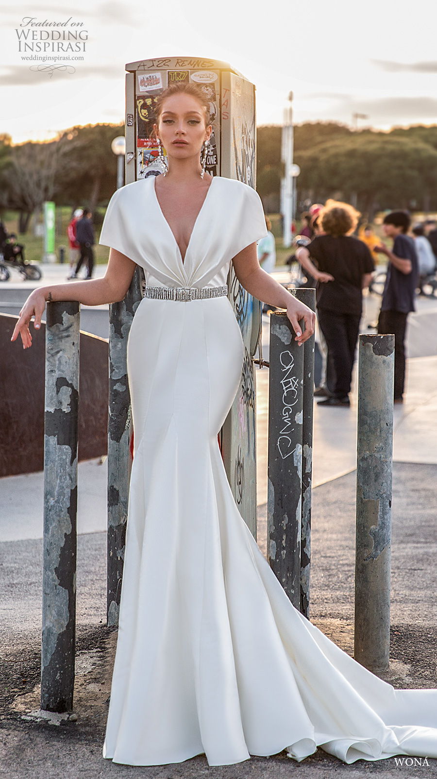 wona 2020 diva bridal short sleeves v neck simple minimalist elegant modern fit and flare wedding dress short train (6) mv