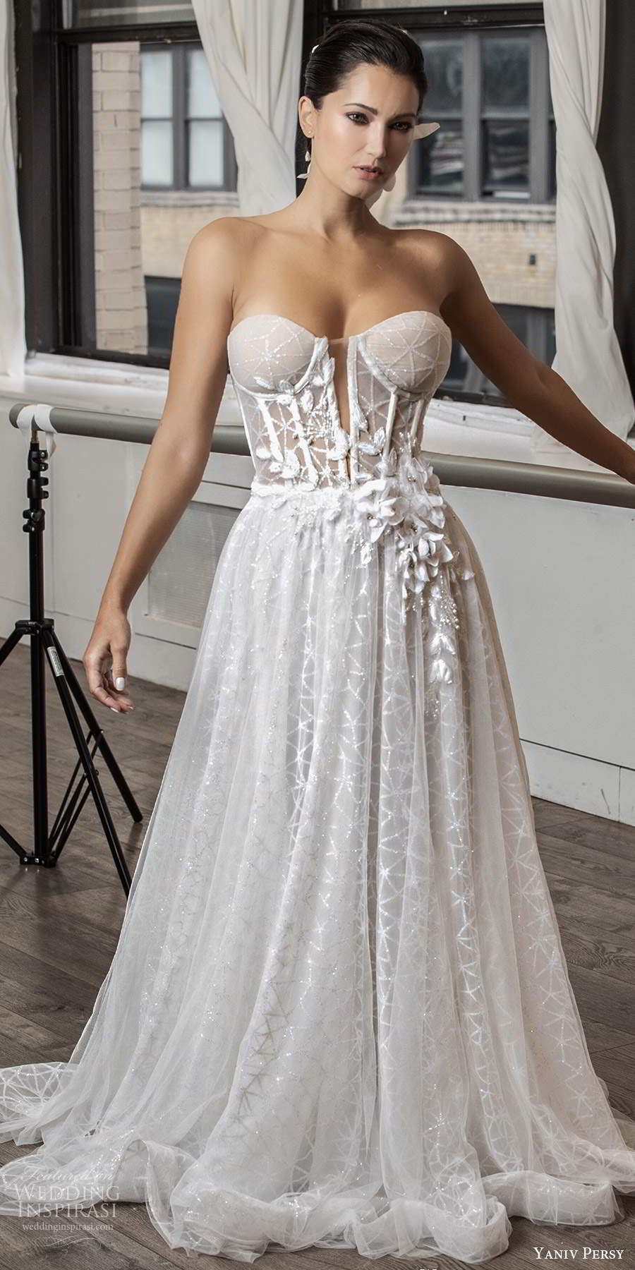 yaniv persy fall 2020 bridal strapless semi sweetheart neckline fully embellished a line ball gown wedding dress chapel train (2) mv