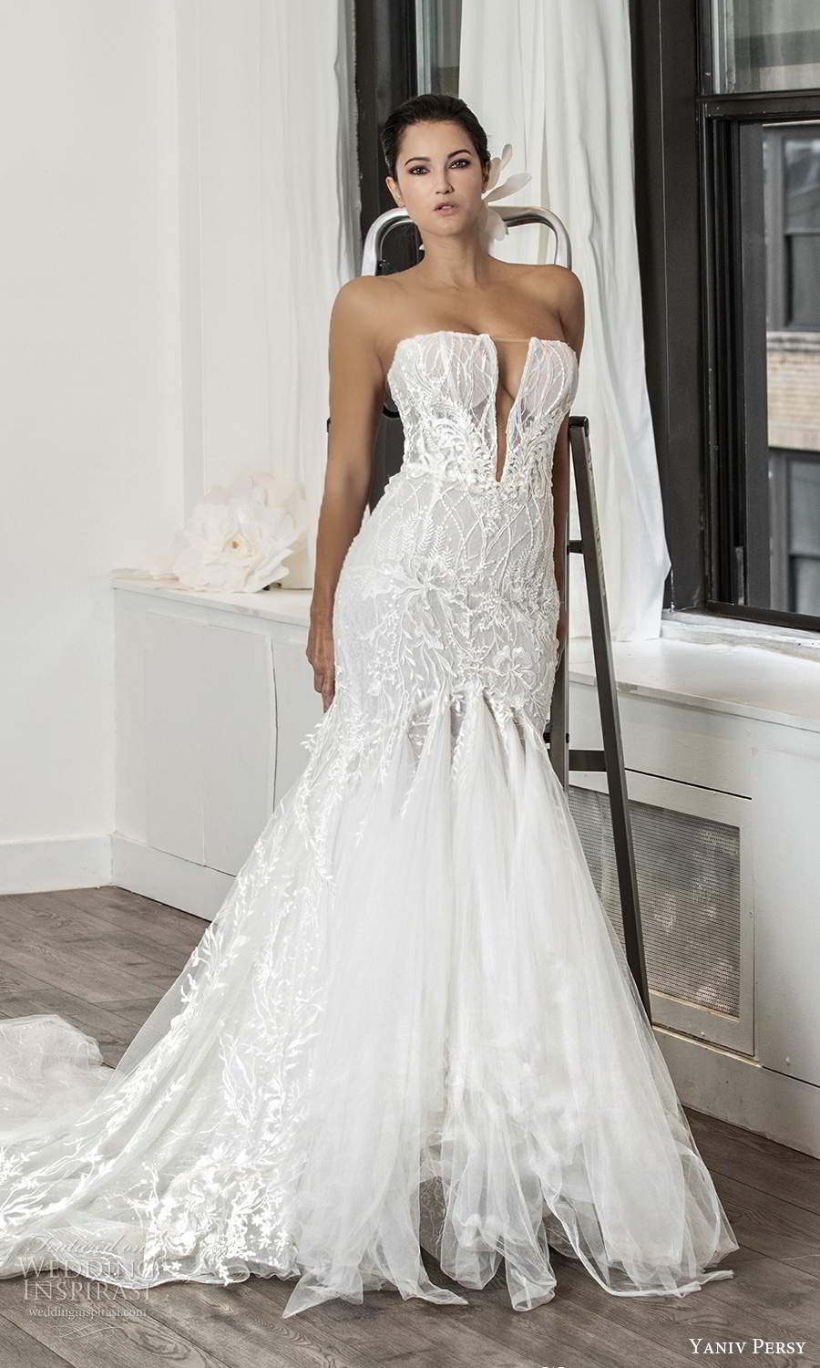 yaniv persy fall 2020 bridal strapless straight across plunging v neckline fully embellished fit flare mermaid wedding dress chapel train (3) mv