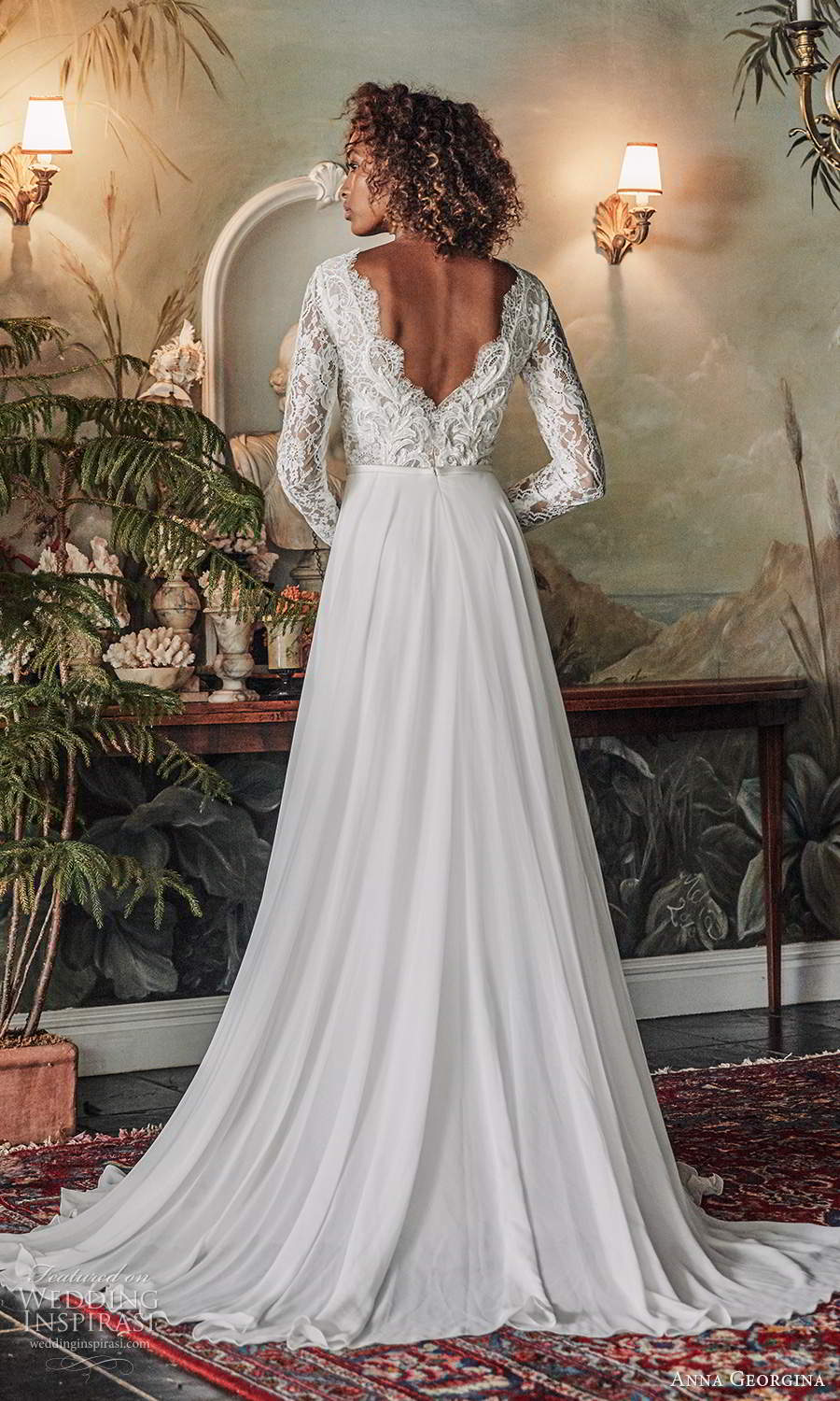 anna georgina 2021 bridal romance long sleeves scallop v neckline embellished lace bodice a line ball gown wedding dress slit skirt v back chapel train (4) bv