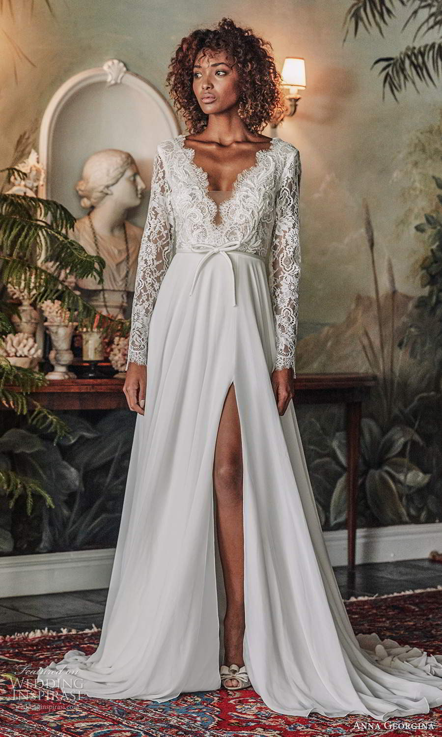 anna georgina 2021 bridal romance long sleeves scallop v neckline embellished lace bodice a line ball gown wedding dress slit skirt v back chapel train (4) mv