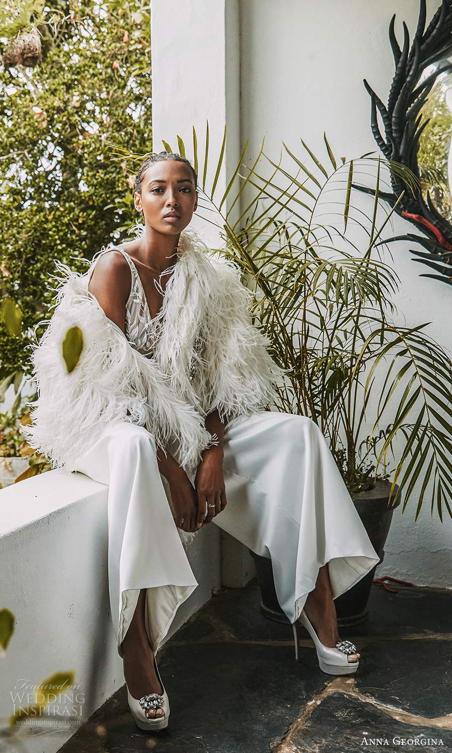 anna georgina 2021 bridal romance sleeveles v neck embellished bodice top pants wedding dress feather shawl (14) mv anna georgina 2021 bridal romance sleeveles v neck embellished bodice top pants wedding dress feather shawl (14) mv