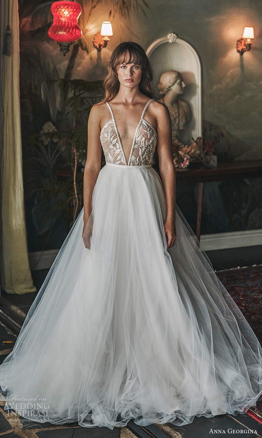 anna georgina 2021 bridal romance sleeveless straps plunging v neckline embellihsed sheer bodice a line ball gown wedding dress chapel train (5) mv