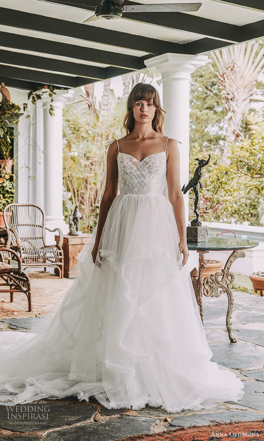 anna georgina 2021 bridal romance sleeveless thin straps semi sweetheart neckline ruched bodice a line ball gown wedding dress tiered skirt chapel train (7) mv anna georgina 2021 bridal romance sleeveless thin straps semi sweetheart neckline ruched bodice a line ball gown wedding dress tiered skirt chapel train (7) mv