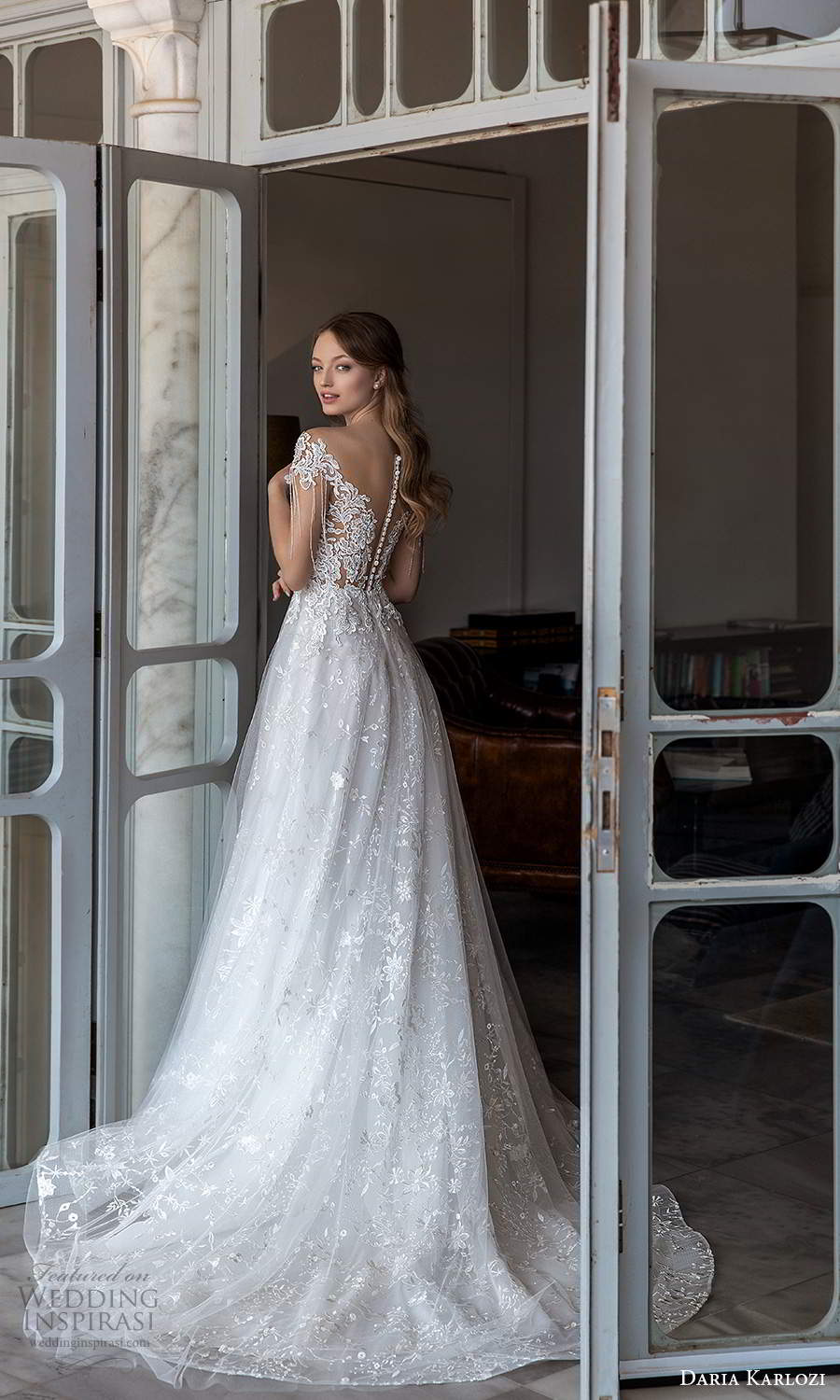daria karlozi 2021 bridal cap sleeves off shoulder v neckline fully embellished lace a line ball gown wedding dress chapel train (10) bv