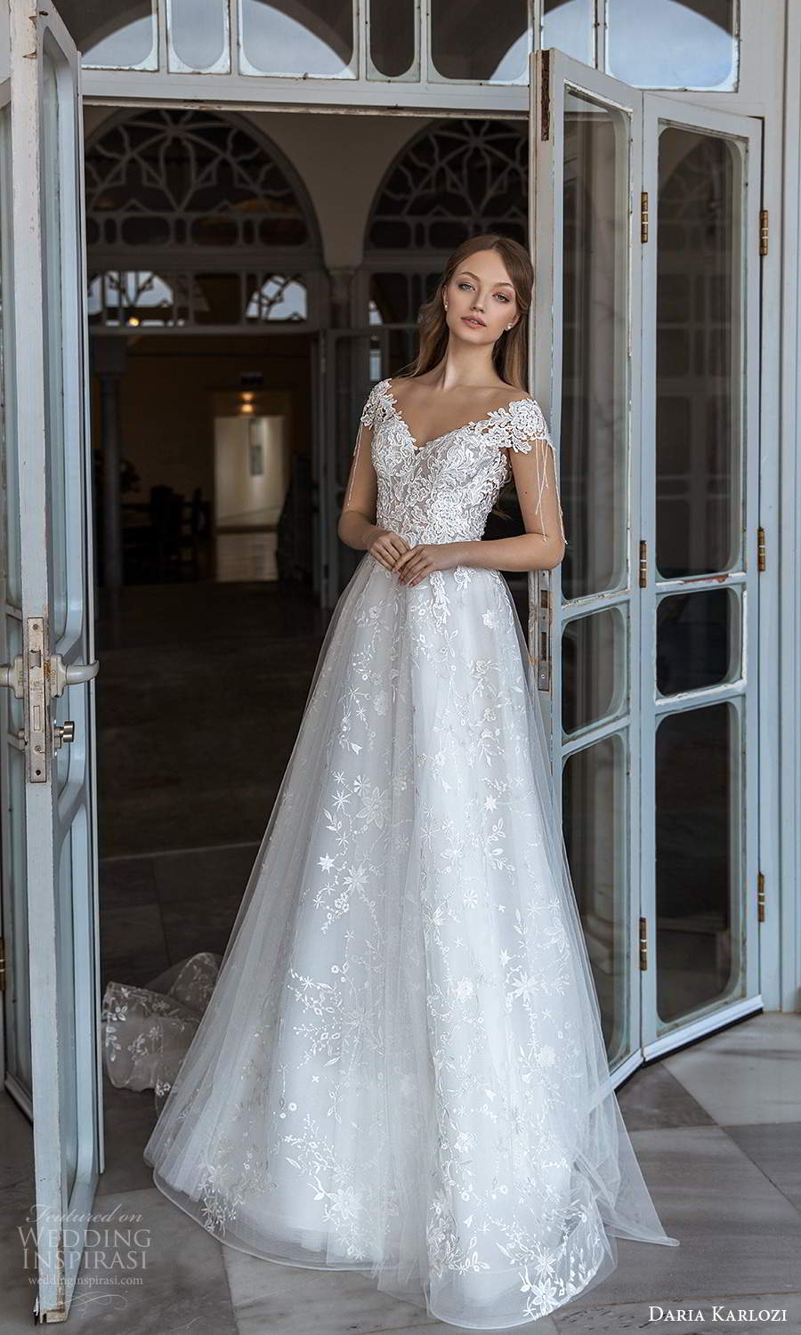 daria karlozi 2021 bridal cap sleeves off shoulder v neckline fully embellished lace a line ball gown wedding dress chapel train (10) mv