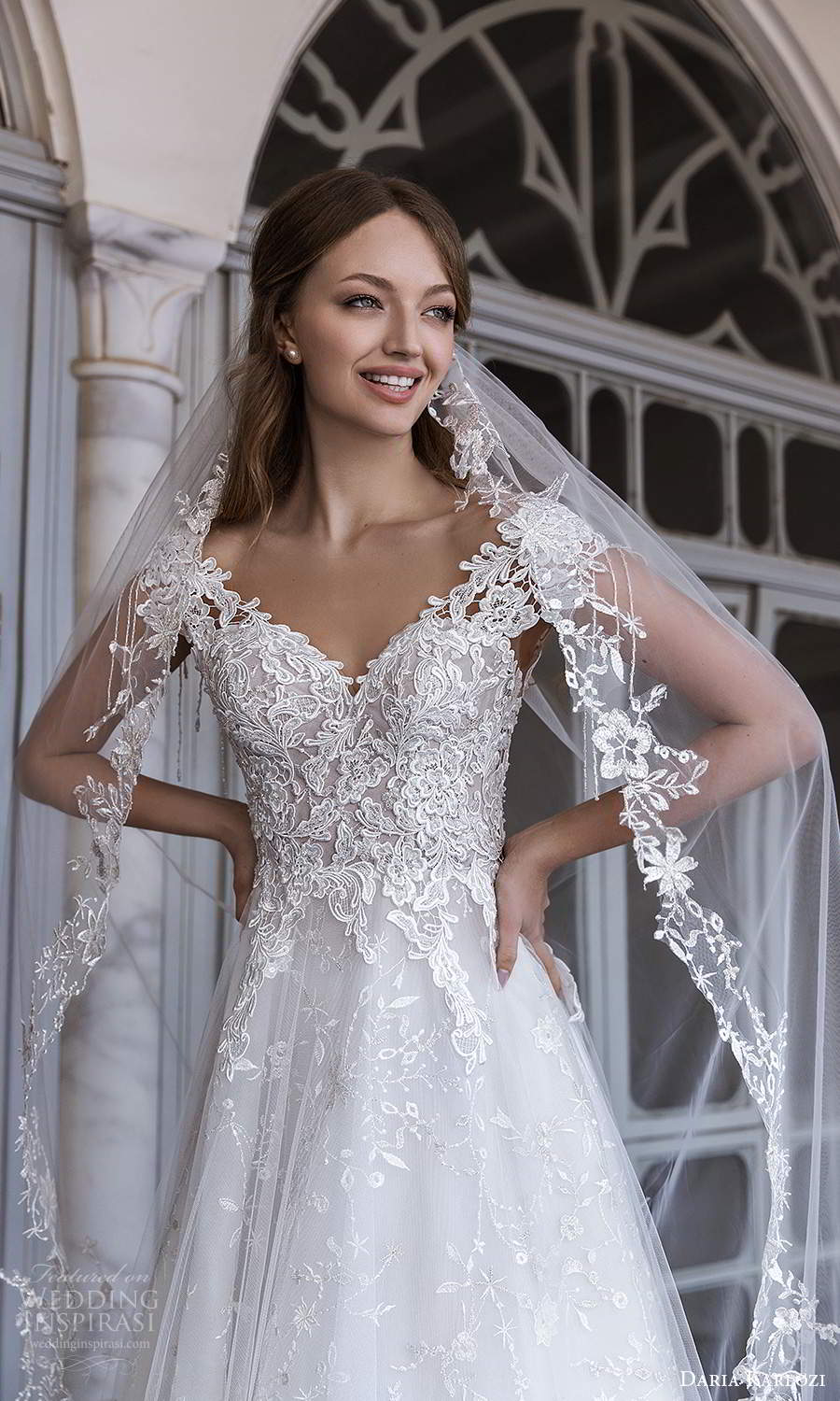 daria karlozi 2021 bridal cap sleeves off shoulder v neckline fully embellished lace a line ball gown wedding dress chapel train (10) zv