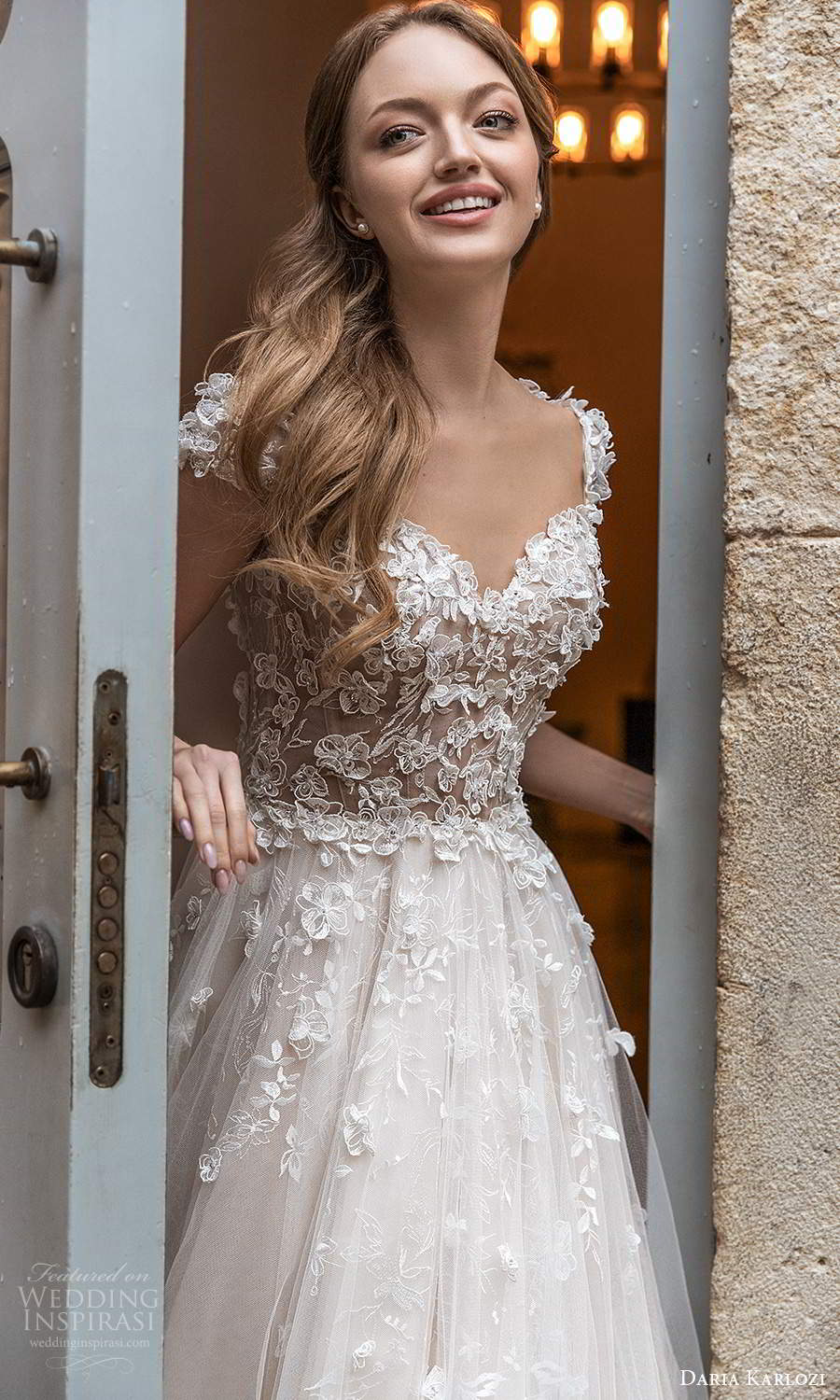 daria karlozi 2021 bridal cap sleeves sweetheart embellished bodice a line ball gown wedding dress chapel train blush (1) zv