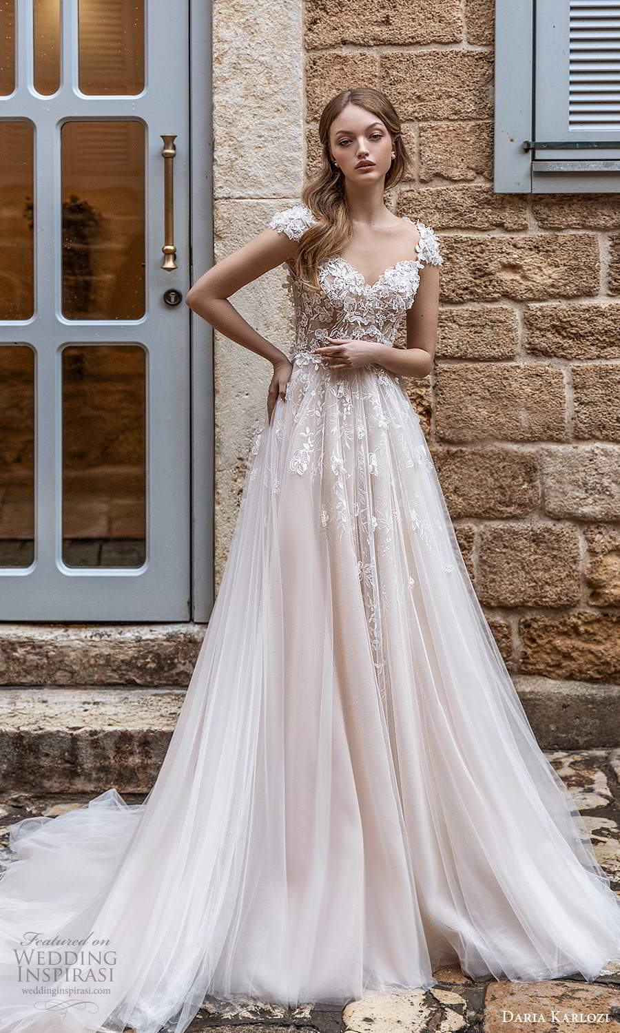 daria karlozi 2021 bridal cap sleeves sweetheart embellished bodice a line ball gown wedding dress chapel train blush color (1) mv