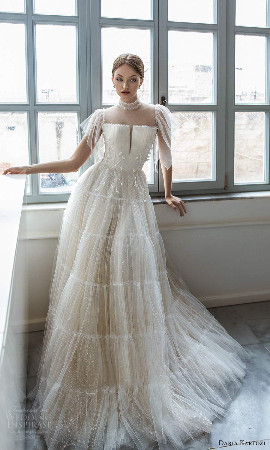 daria karlozi 2021 bridal flutter sleeves sheer high neckline split embellished ruched bodice a line ball gown wedding dress champagne color chapel train (14) mv