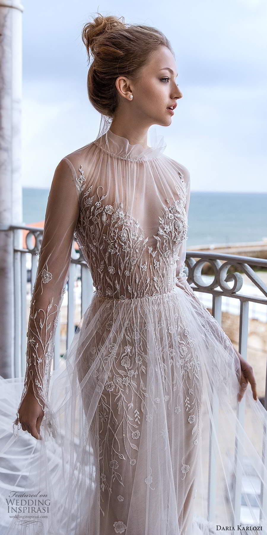 daria karlozi 2021 bridal illusion long sleeves sheer high neckline sweetheart embellished bodice a line wedding dress (3) zv