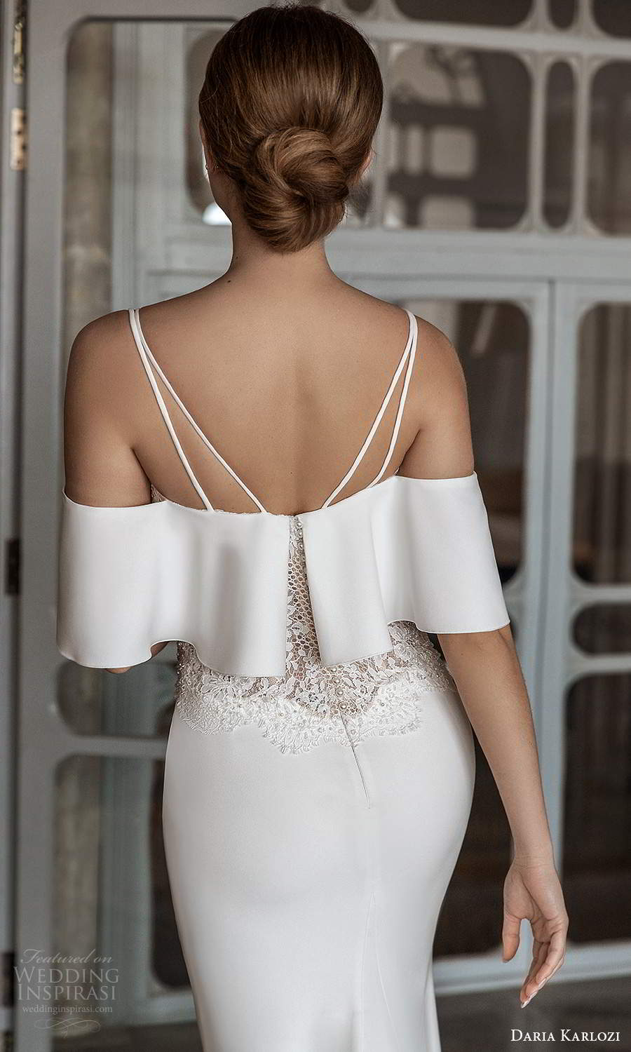 daria karlozi 2021 bridal long sleeves cold shoulder thin straps sheer embellished bodice clean minimalist sheath wedding dress chapel train (6) zbv