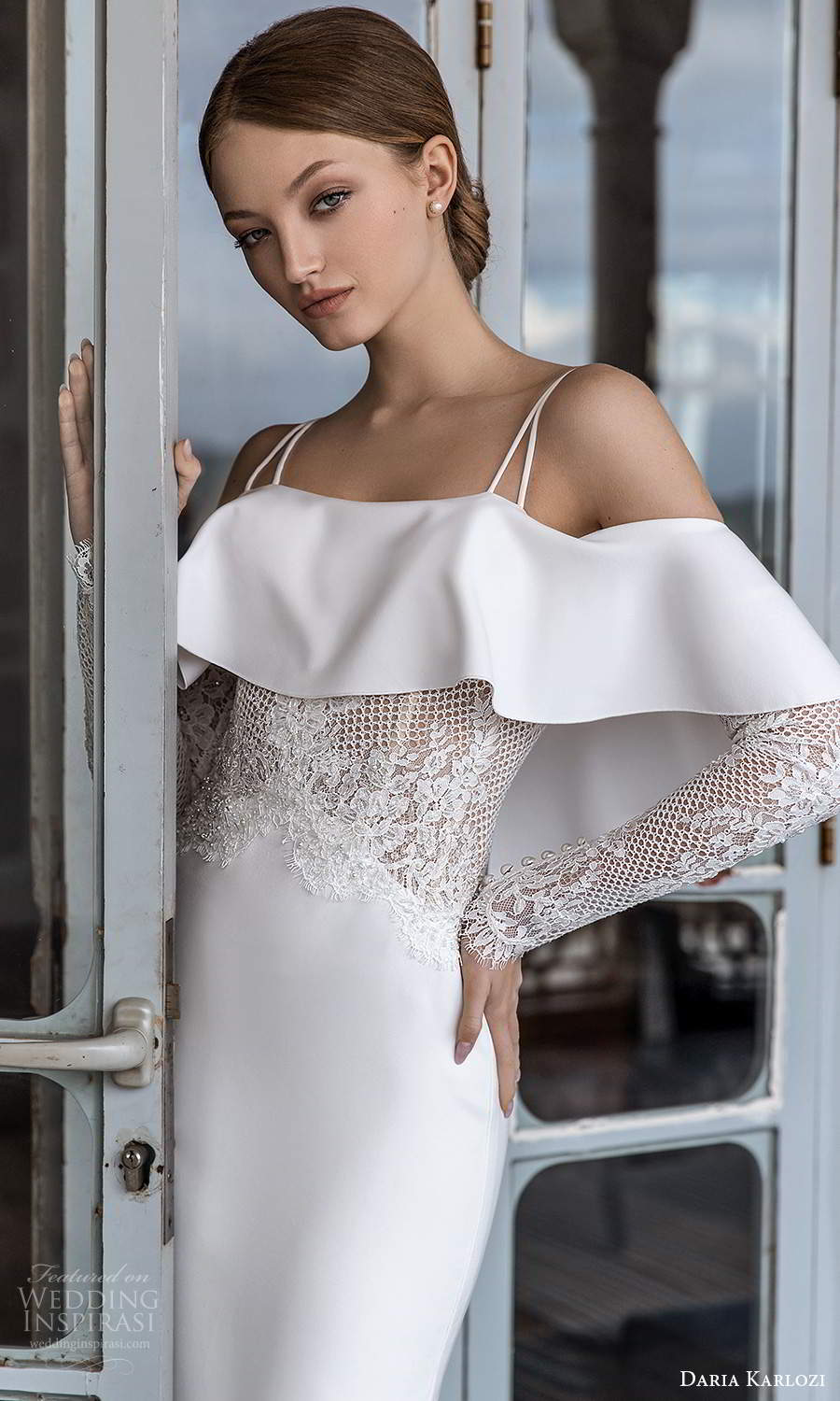 daria karlozi 2021 bridal long sleeves cold shoulder thin straps sheer embellished bodice clean minimalist sheath wedding dress chapel train (6) zv