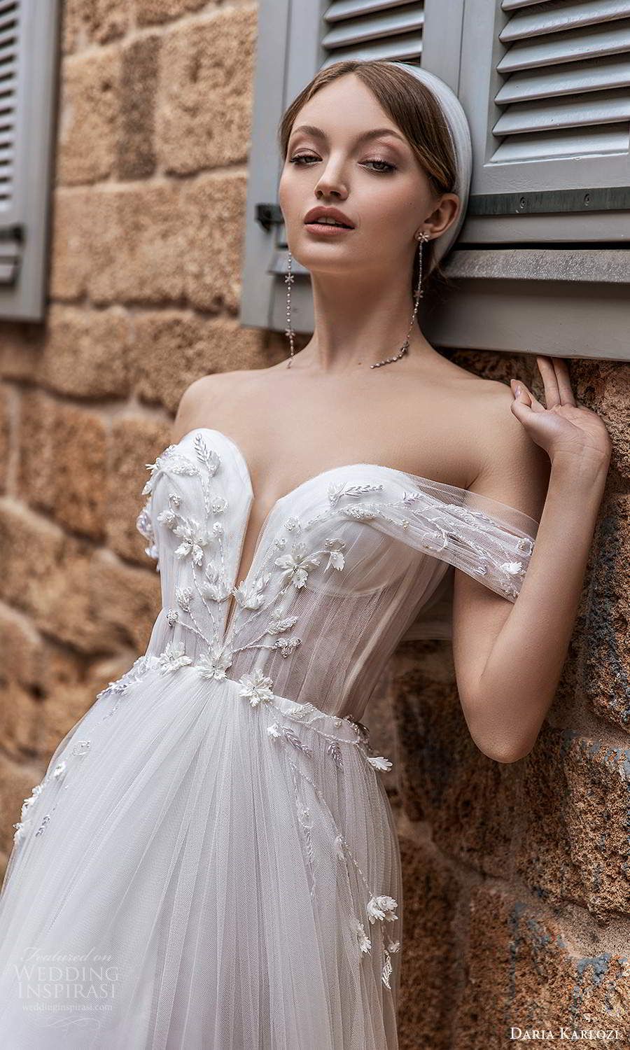 daria karlozi 2021 bridal off shoulder plunging v neckline embellished ruched bodice a line ball gown wedding dress (2) zv