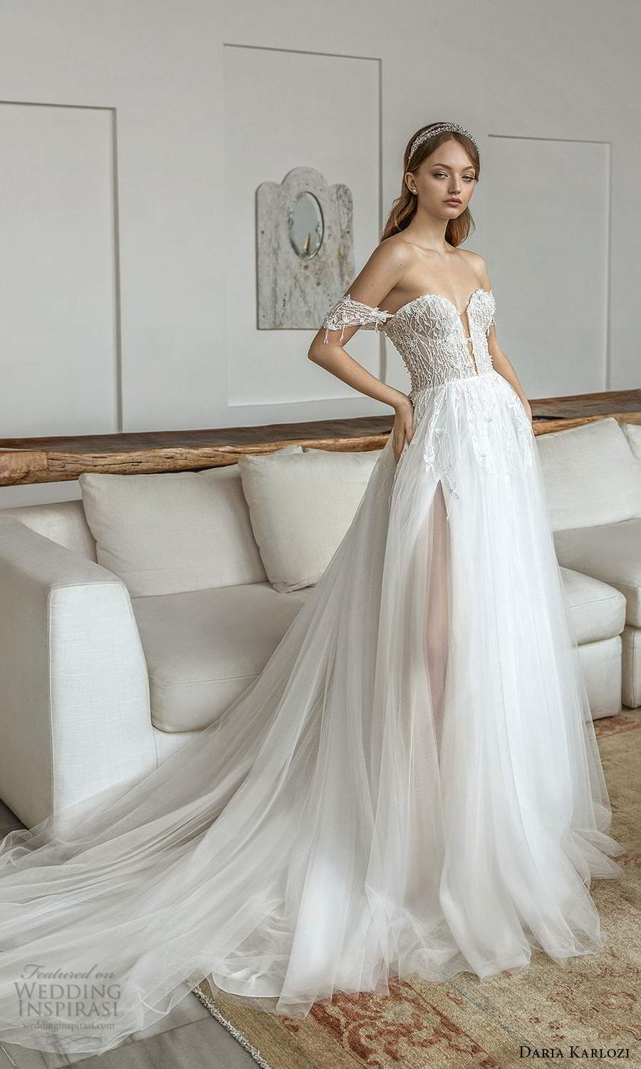 daria karlozi 2021 bridal off shoulder straps plunging sweetheart neckline heavily embellished bodice a line ball gown wedding dress chapel train (12) mv