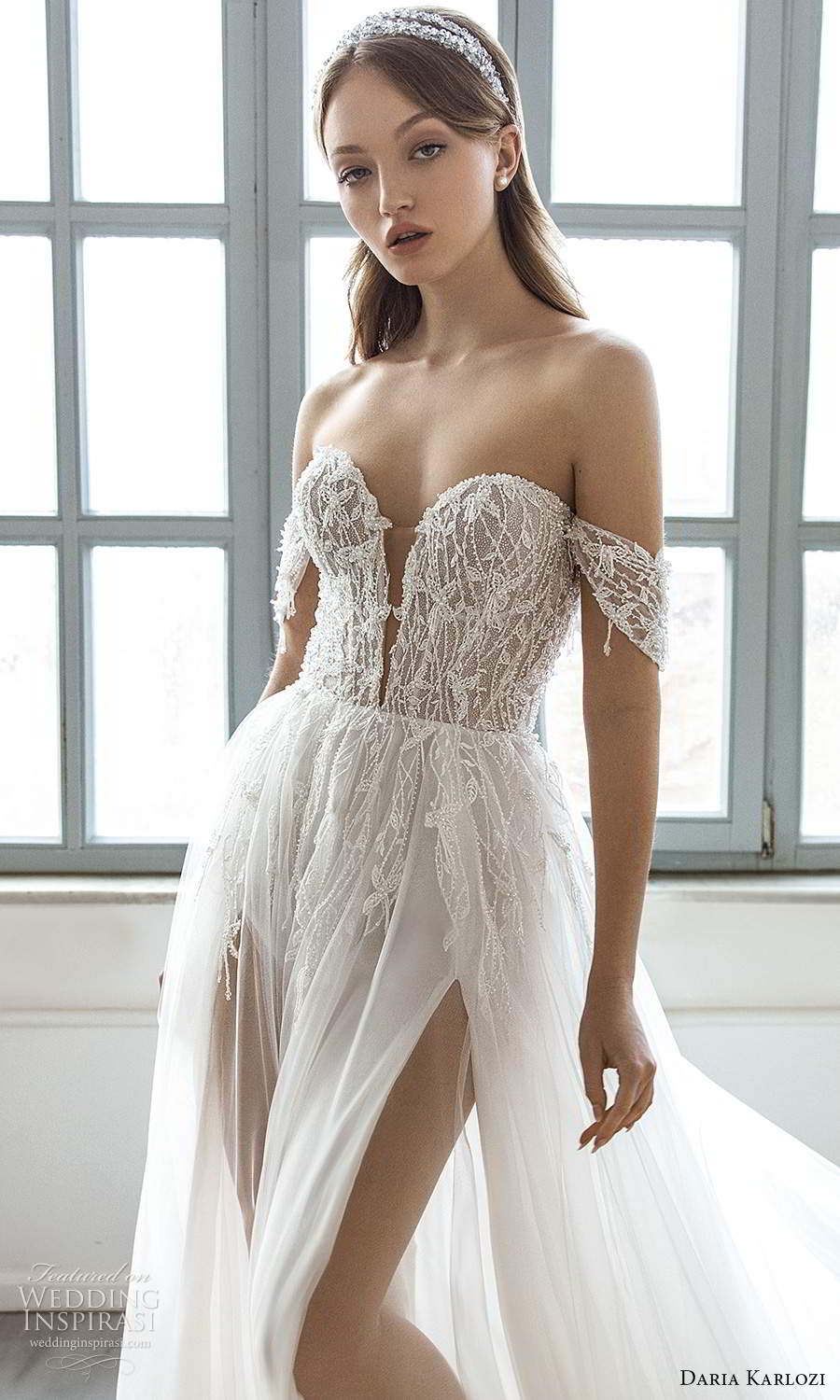 daria karlozi 2021 bridal off shoulder straps plunging sweetheart neckline heavily embellished bodice a line ball gown wedding dress chapel train (12) zv