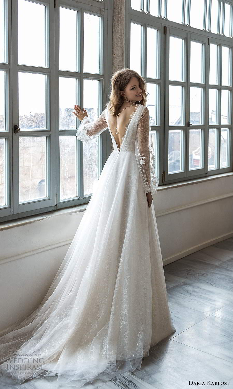 daria karlozi 2021 bridal sheer bishop sleeves v neckline ruched embellished bodice a line ball gown wedding dress boho chapel train (8) bv