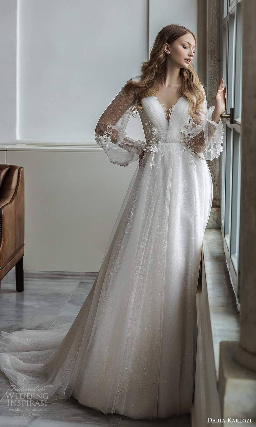 daria karlozi 2021 bridal sheer bishop sleeves v neckline ruched embellished bodice a line ball gown wedding dress boho chapel train (8) mv