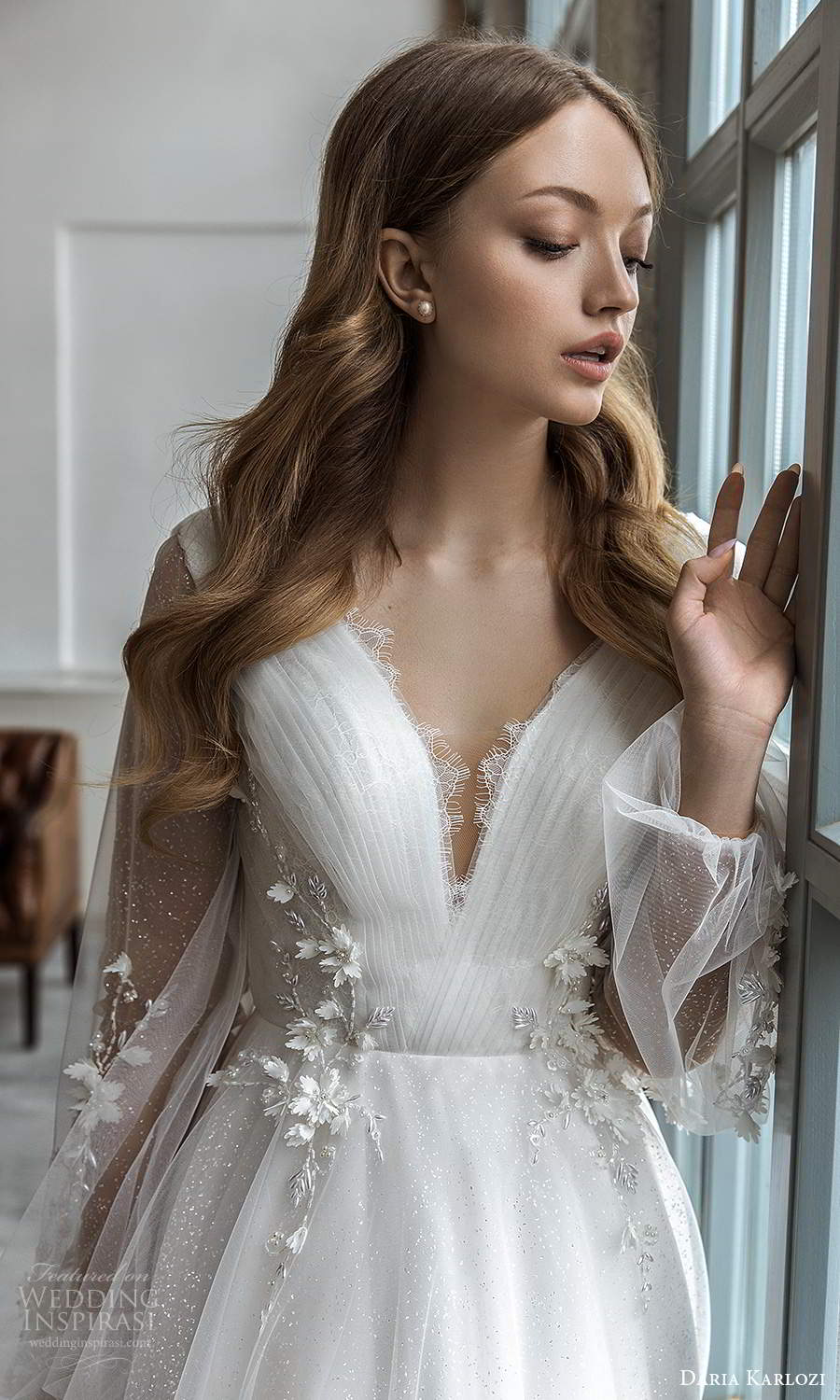 daria karlozi 2021 bridal sheer bishop sleeves v neckline ruched embellished bodice a line ball gown wedding dress boho chapel train (8) zv