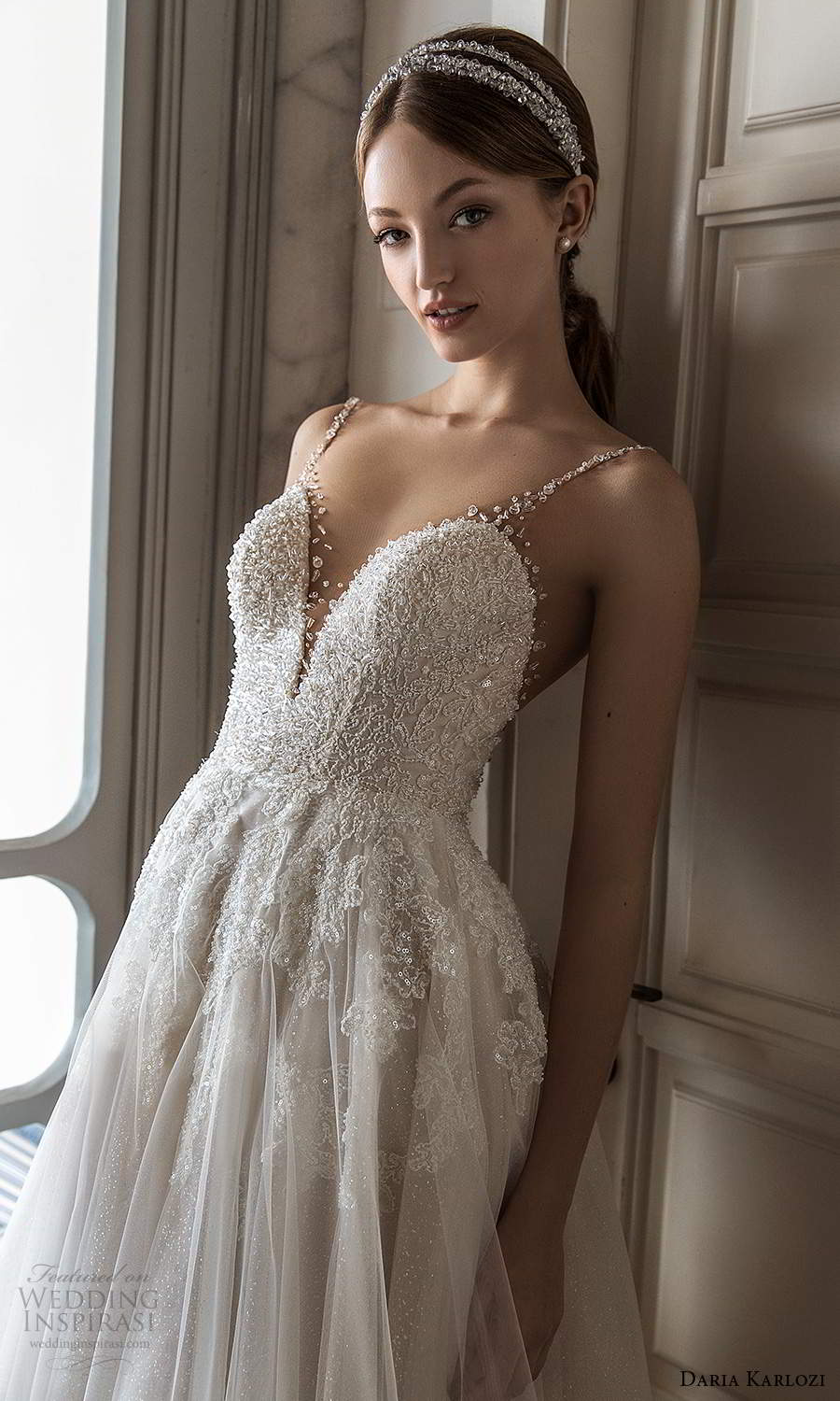 daria karlozi 2021 bridal sleeveless straps heavily embellished bodice a line ball gown wedding dress sheer back chapel train (8) zv