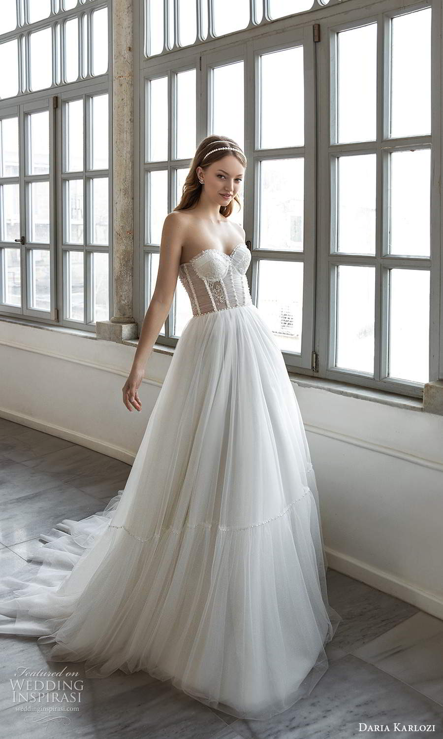 daria karlozi 2021 bridal strapless sweetheart neckline embellished sheer bodice a line ball gown wedding dress chapel train (13) mv