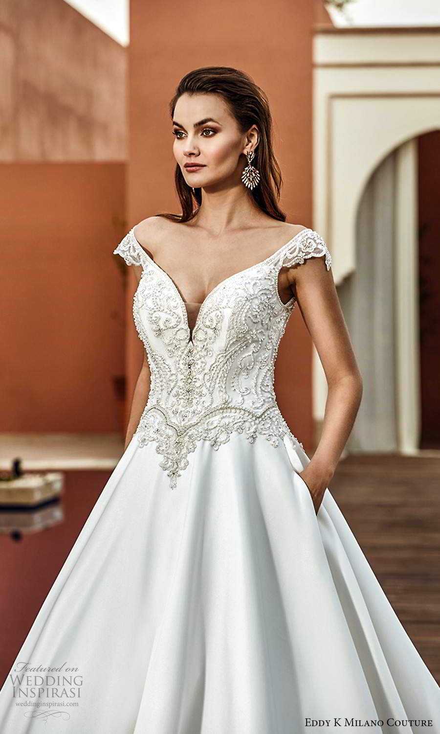 eddy k 2021 milano couture bridal cap sleeves off shoulder v neckline heavily embellished bodice a line ball gown wedding dress chapel train (7) mv