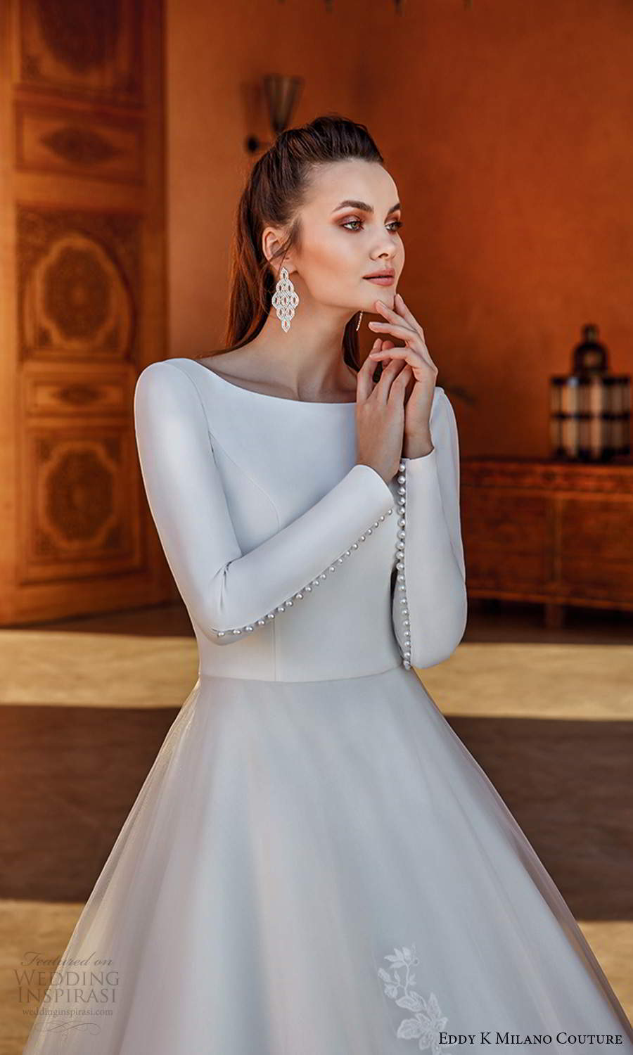 eddy k 2021 milano couture bridal long sleeves bateau neckline clean bodice a line ball gown wedding dress chapel train (1) zv