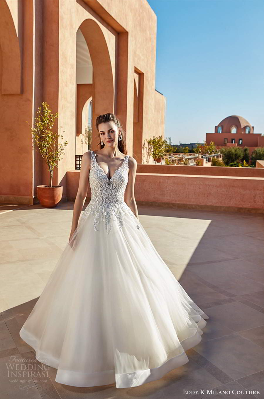 eddy k 2021 milano couture bridal sleeveles straps v neckline heavily embellished a line ball gown wedding dress chapel train (16) mv