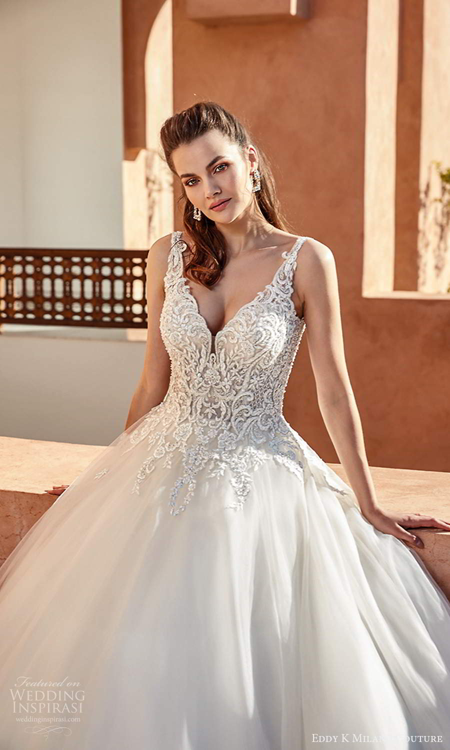 eddy k 2021 milano couture bridal sleeveles straps v neckline heavily embellished a line ball gown wedding dress chapel train (16) zv