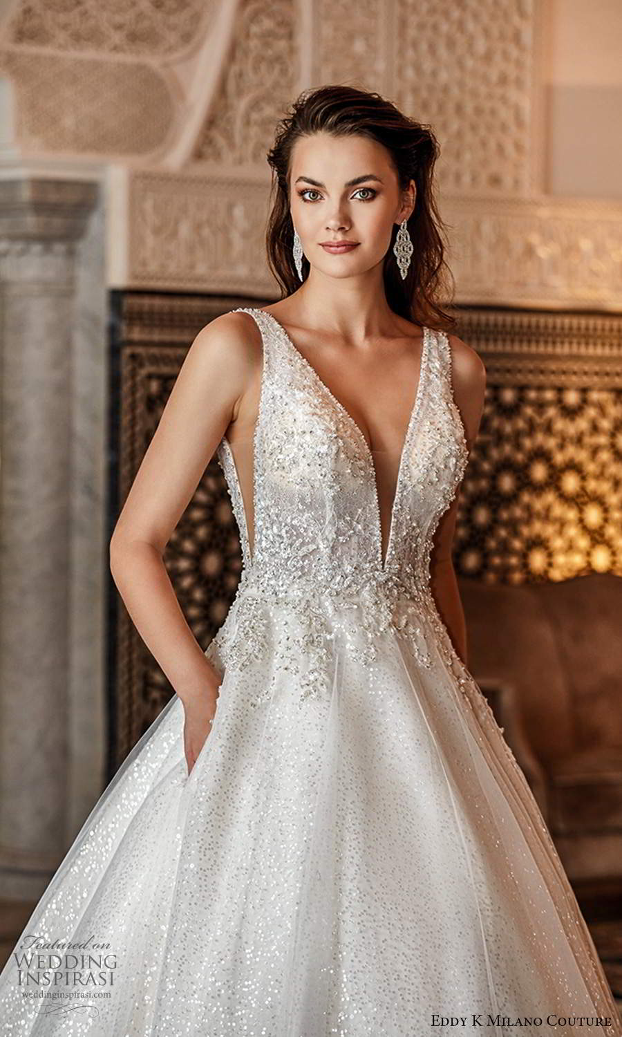 eddy k 2021 milano couture bridal sleeveless straps plunging neckline heavily embellished bodice a line ball gown wedding dress chapel train zv (12) zv