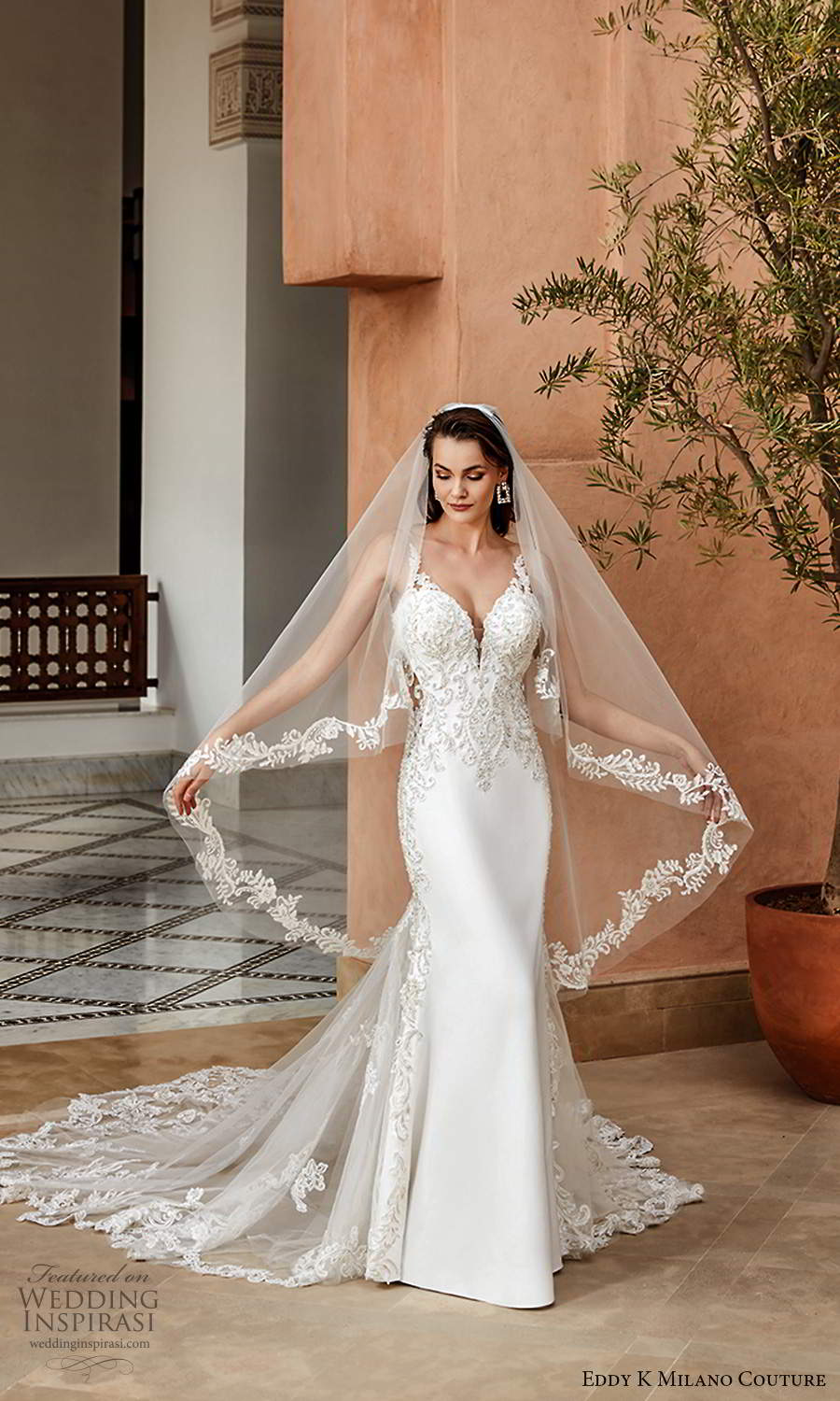 eddy k 2021 milano couture bridal sleeveless straps plunging v neckline heavily embellished bodice sheath wedding dress chapel train (13) mv