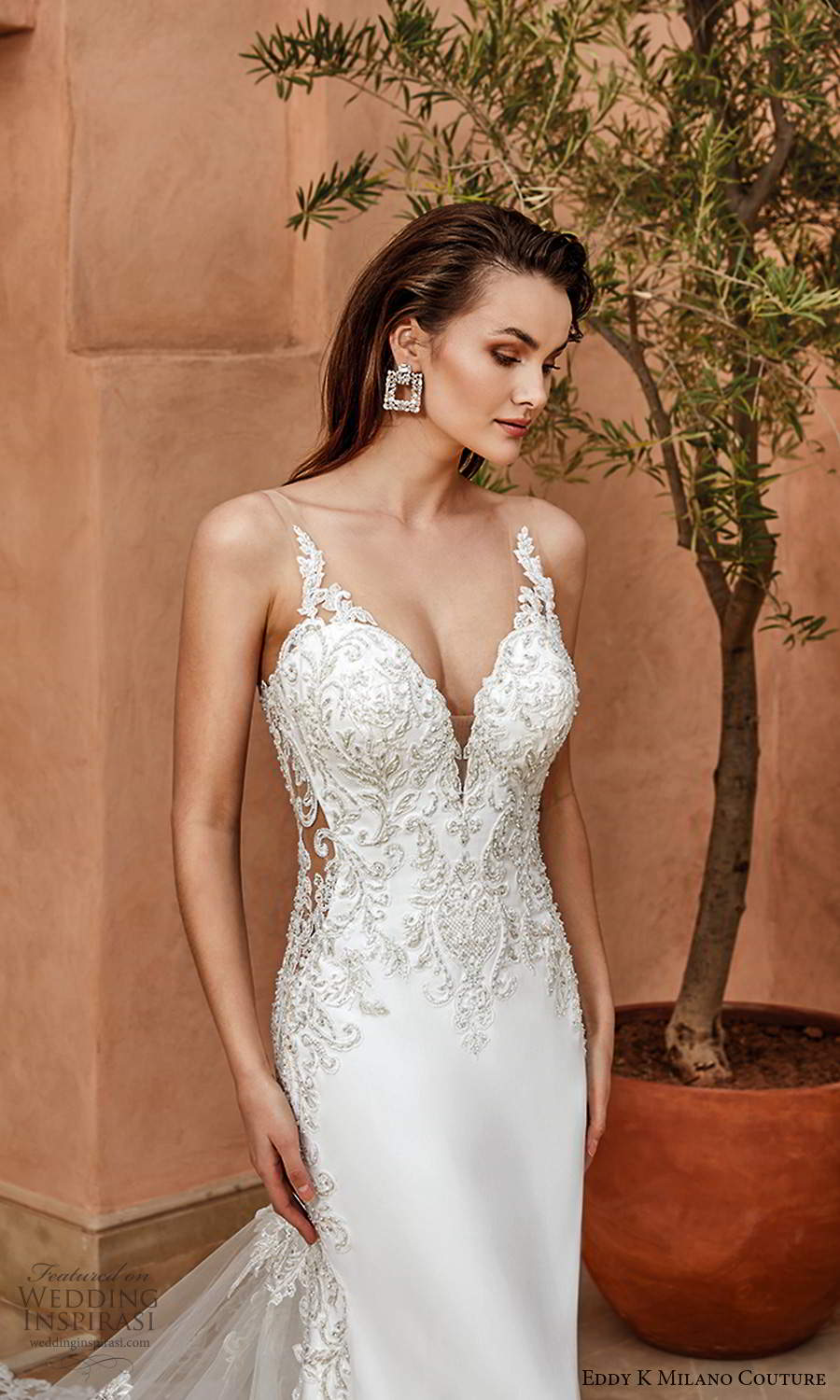 eddy k 2021 milano couture bridal sleeveless straps plunging v neckline heavily embellished bodice sheath wedding dress chapel train (13) zv