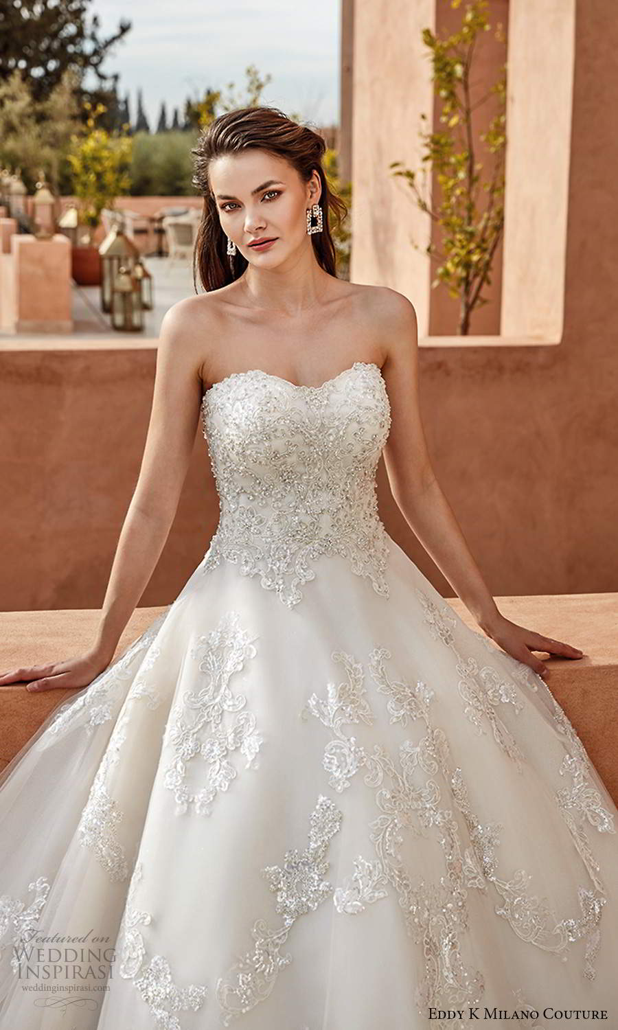 eddy k 2021 milano couture bridal strapless semi sweetheart neckline heavily embellished bodicy a line ball gown wedding dress chapel train (10) zv