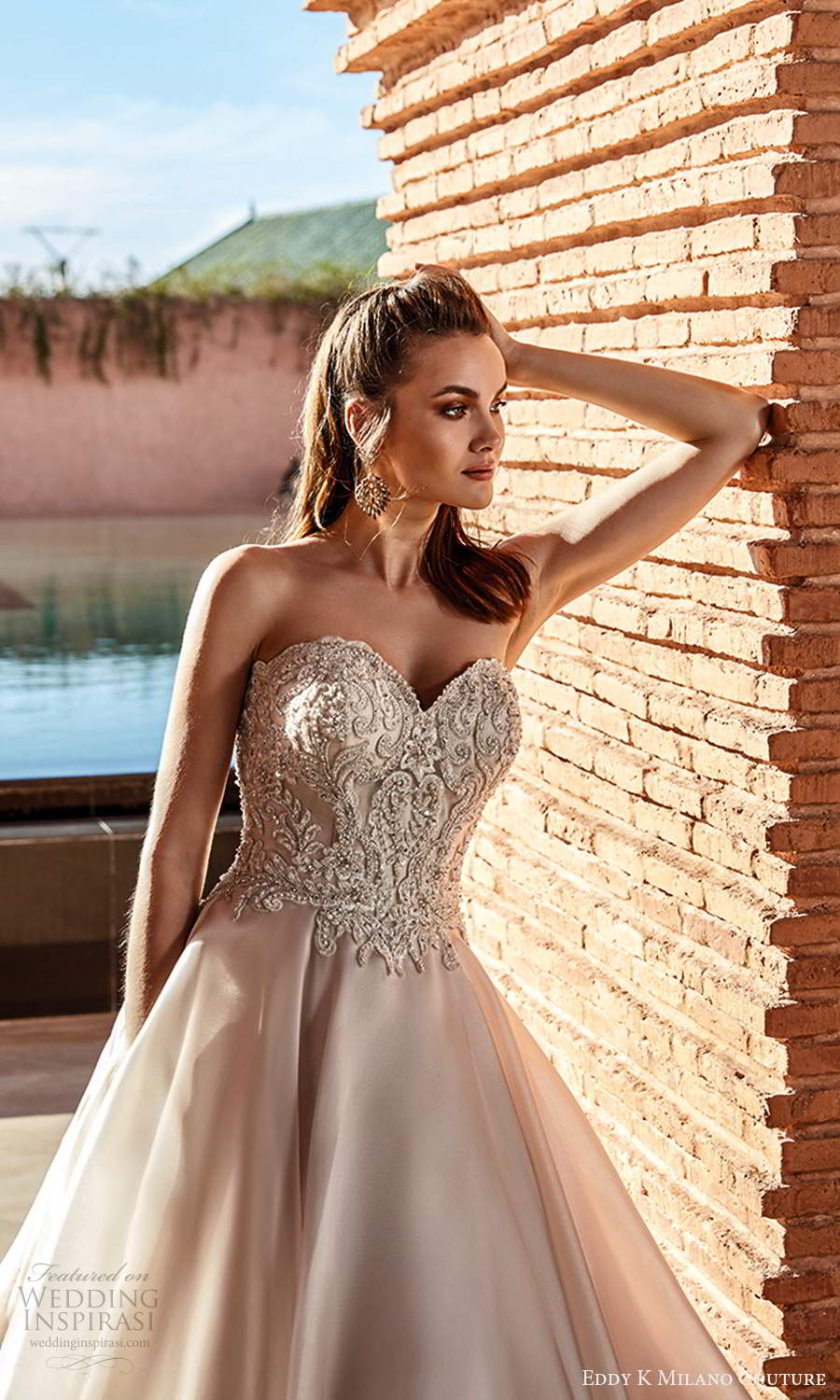 eddy k 2021 milano couture bridal strapless sweetheart neckline heavily embellished bodice a line ball gown wedding dress tiered skirt blush chapel train (4) zv