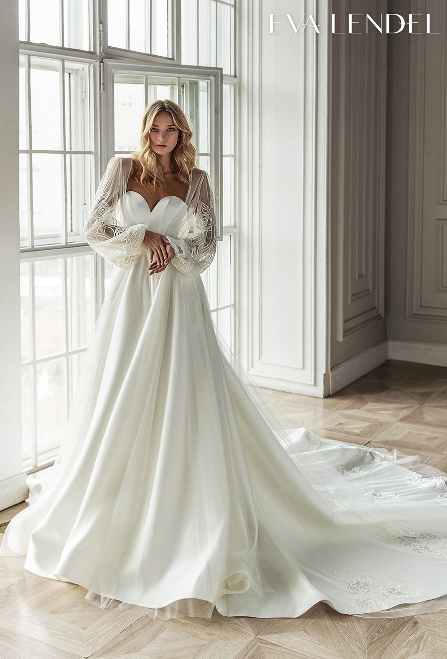 eva lendel 2021 bridal long bishop sleeves sweetheart neckline simple minimalist elegant a  line wedding dress sheer back chapel train (charlie) mv