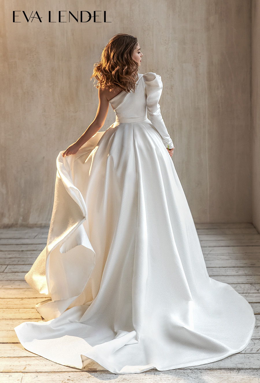 eva lendel 2021 bridal long gigot sleeves one shoulder simple waist belt modern chic a  line wedding dress chapel train (kortney) bv