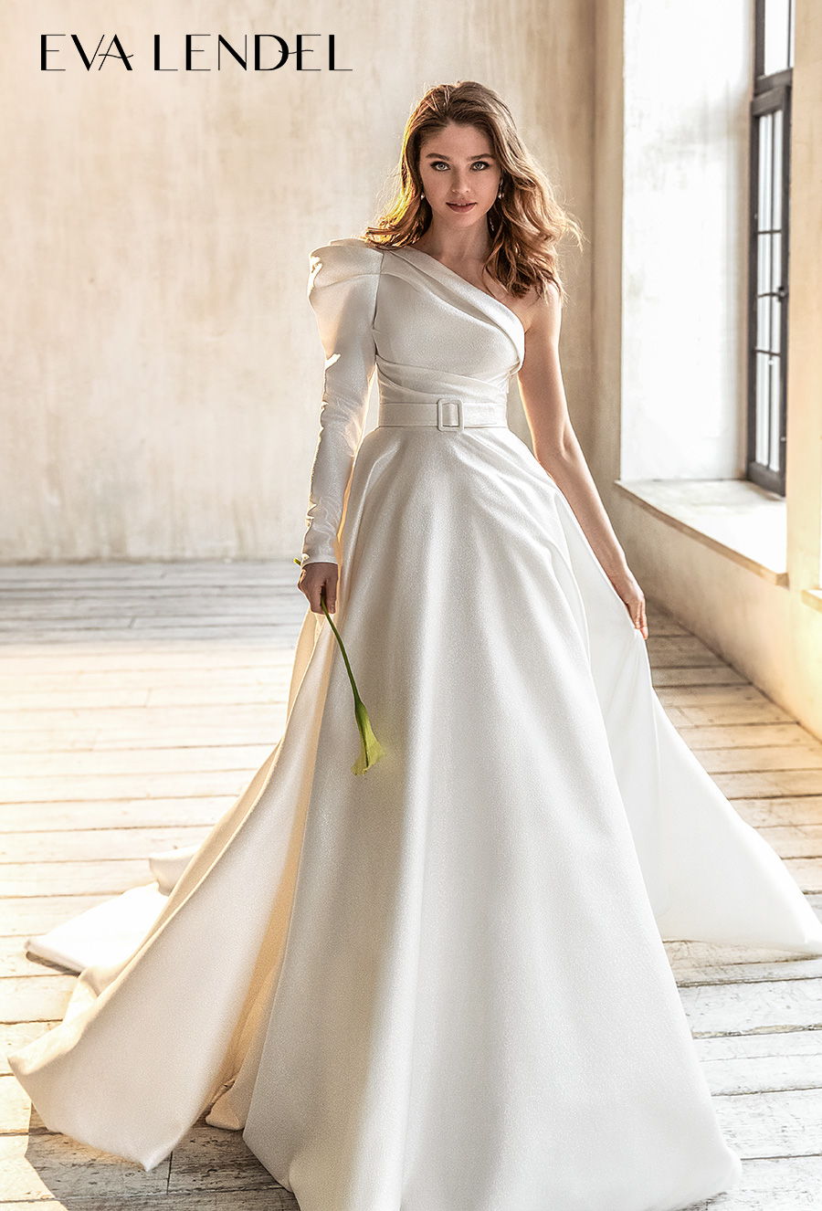 eva lendel 2021 bridal long gigot sleeves one shoulder simple waist belt modern chic a  line wedding dress chapel train (kortney) mv