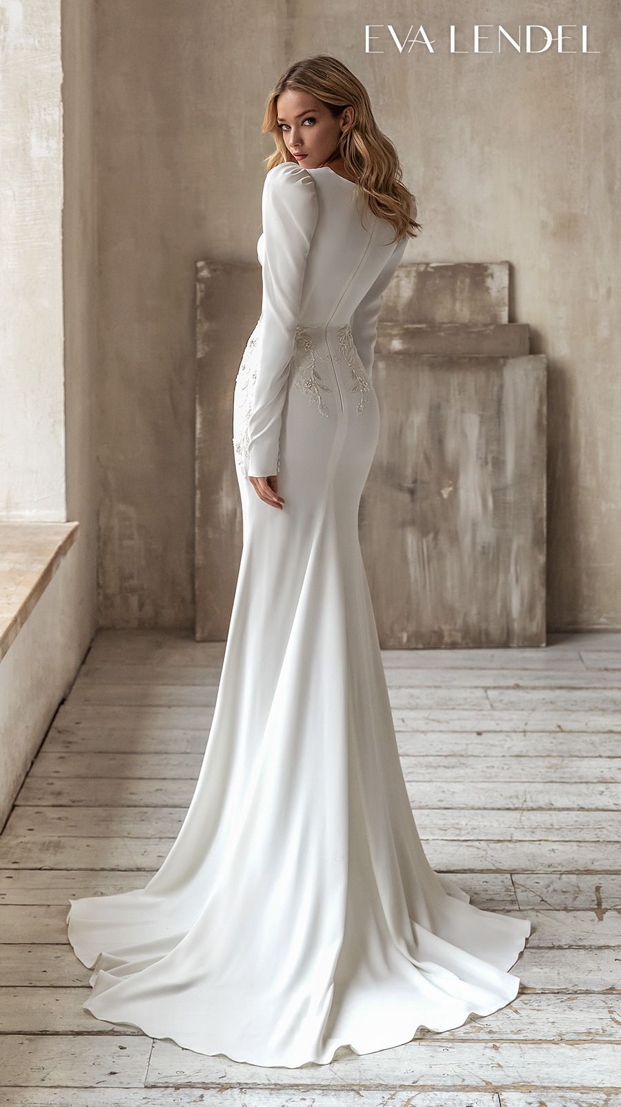 eva lendel 2021 bridal long gigot sleeves v neck simple minimalist elegant fit and flare sheath wedding dress covered back sweep train (selest) bv