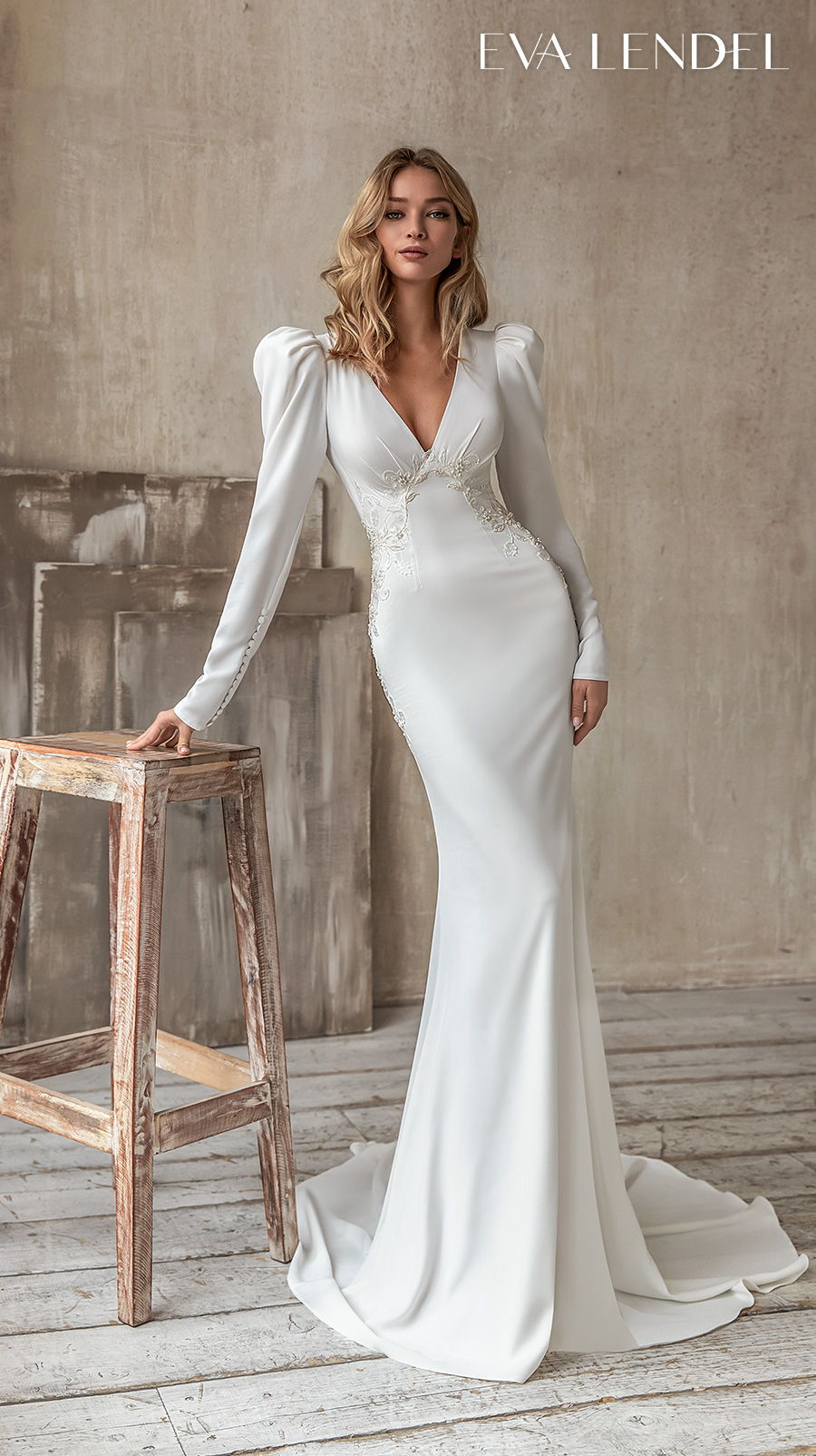 eva lendel 2021 bridal long gigot sleeves v neck simple minimalist elegant fit and flare sheath wedding dress covered back sweep train (selest) mv