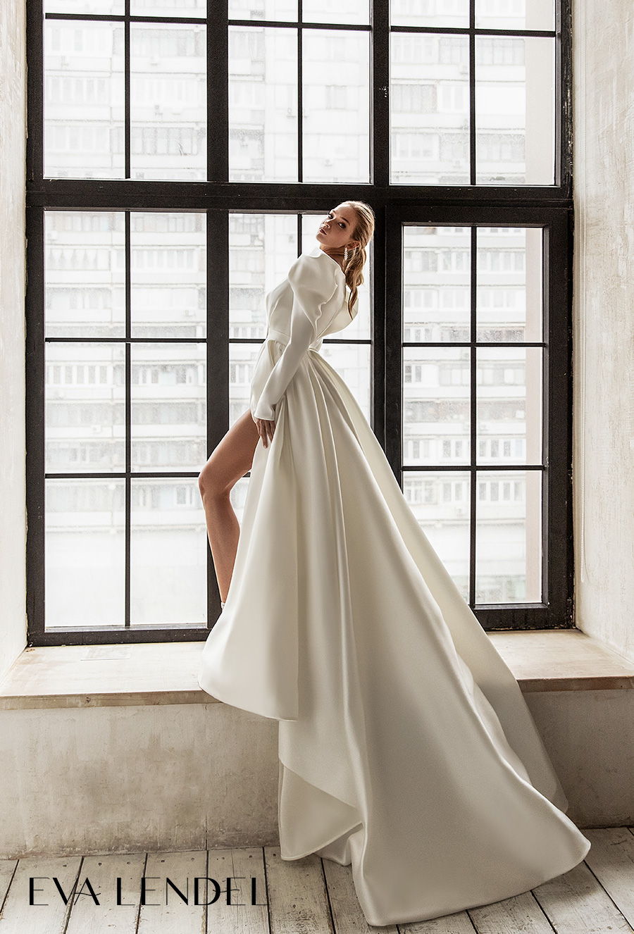 eva lendel 2021 bridal long gigot sleeves v neck wrap over bodice slit skirt simple minimalist modern chic a  line wedding dress pockets covered back chapel train (tayra) bv